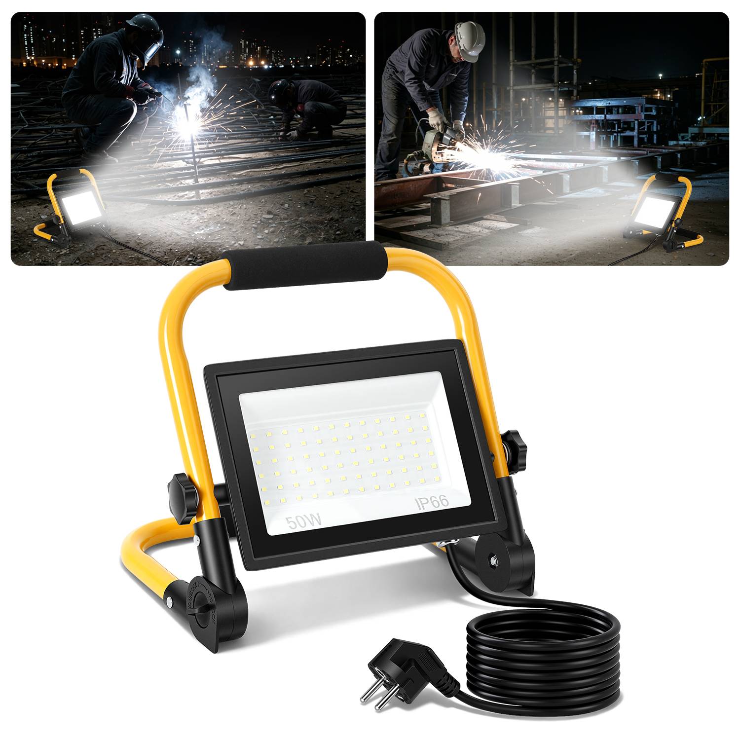 LED Baustrahler 50W 4000lm 6500K Hochleistungs Flutlicht mit Standgestell & 3m Kabel für Bau Industrie Außenbereich, Kaltweiß
