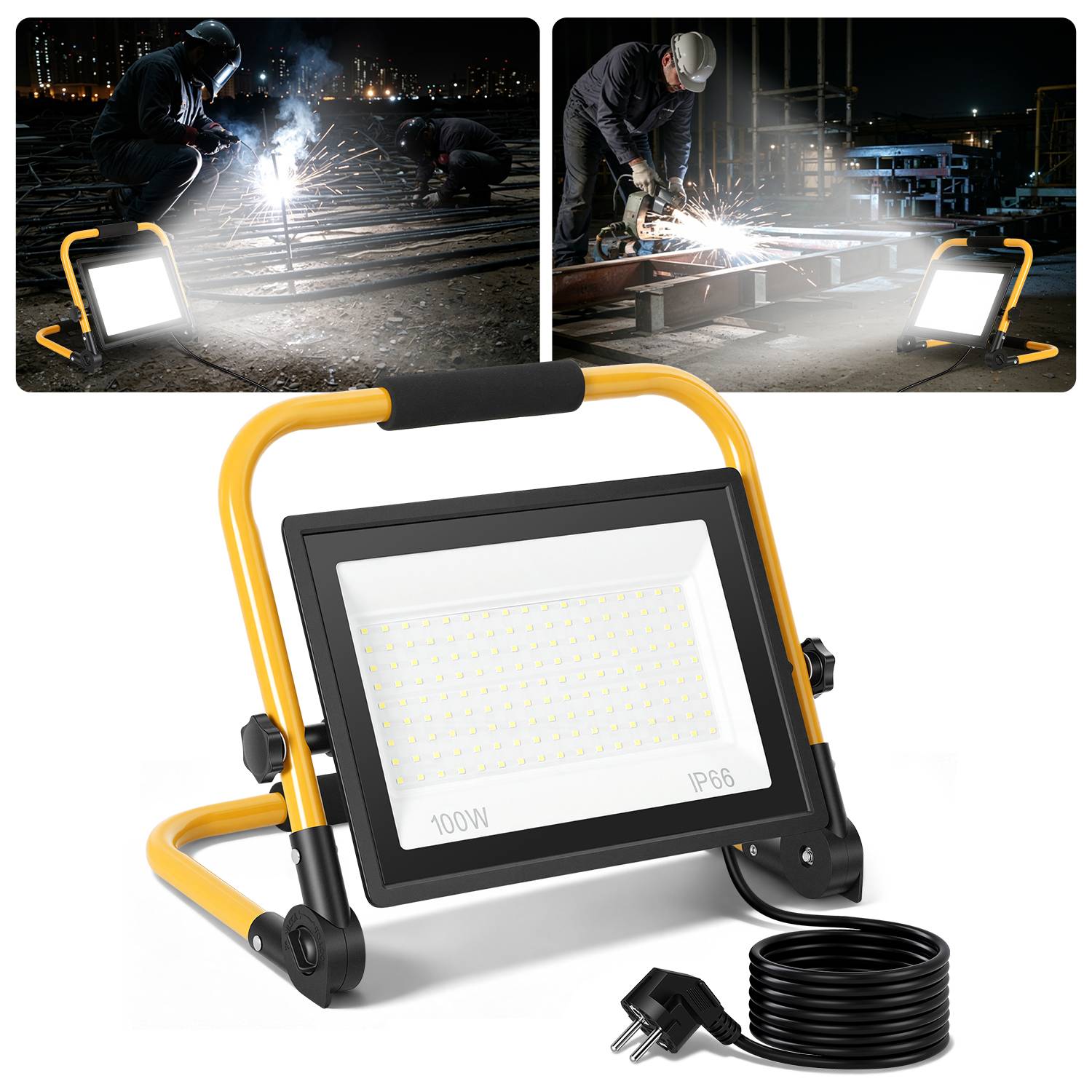 LED Baustrahler 100W 8000lm 6500K Hochleistungs Flutlicht mit Standgestell & 3m Kabel für Bau Industrie Außenbereich, Kaltweiß
