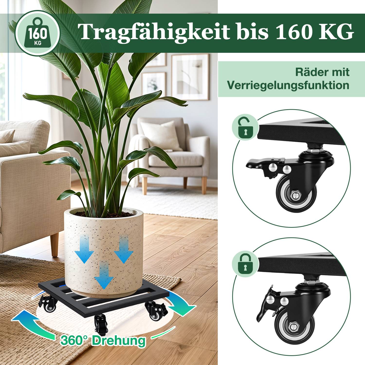 2 Stück Blumenroller Pflanzenroller 30 cm Metall schwerlast bis 160 kg mit 360° Rollen Blumentopf Untersetzer für Innen Außenbereich Garten Terras