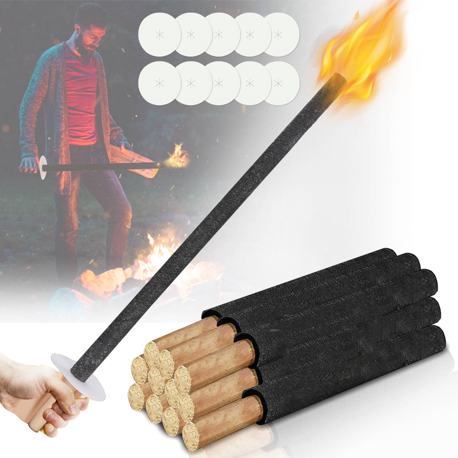 25x Wachsfackeln 42 cm Gartenfackeln mit Tropfschutz Holzgriff, Outdoor Fackeln für Party, Camping, Nachtwanderung