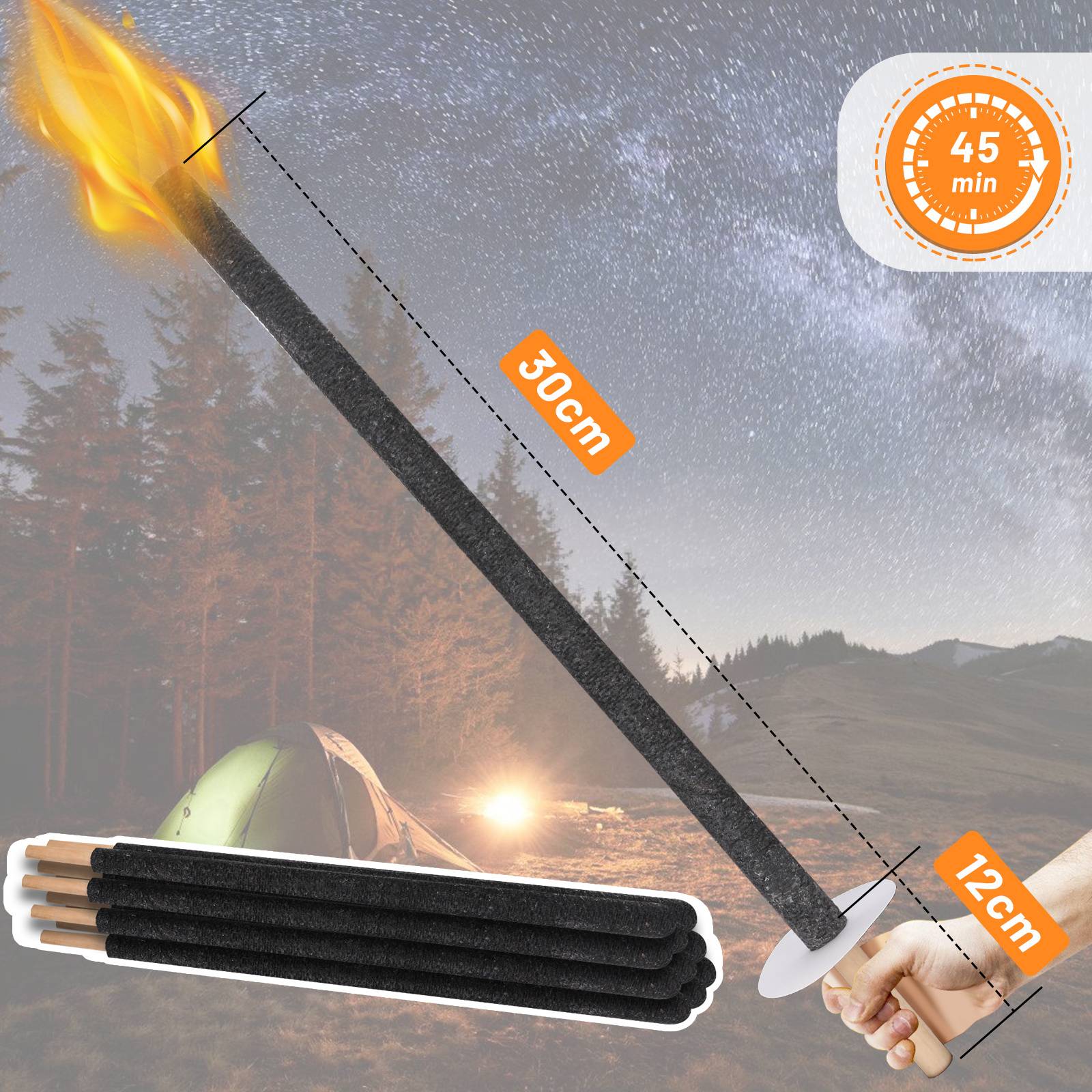 10x Wachsfackeln 42 cm Gartenfackeln mit Tropfschutz Holzgriff, Outdoor Fackeln für Party, Camping, Nachtwanderung