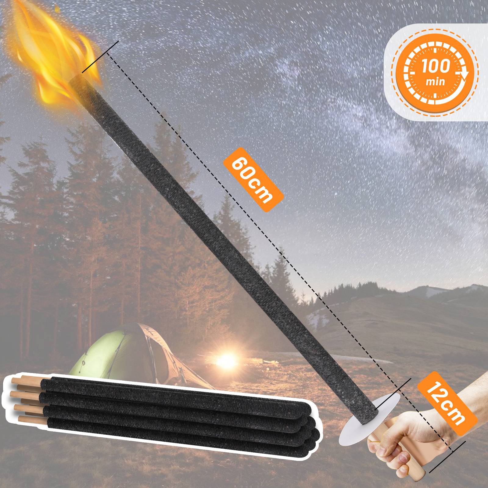 100x Wachsfackeln 72 cm Gartenfackeln mit Tropfschutz Holzgriff, Outdoor Fackeln für Party, Camping, Nachtwanderung