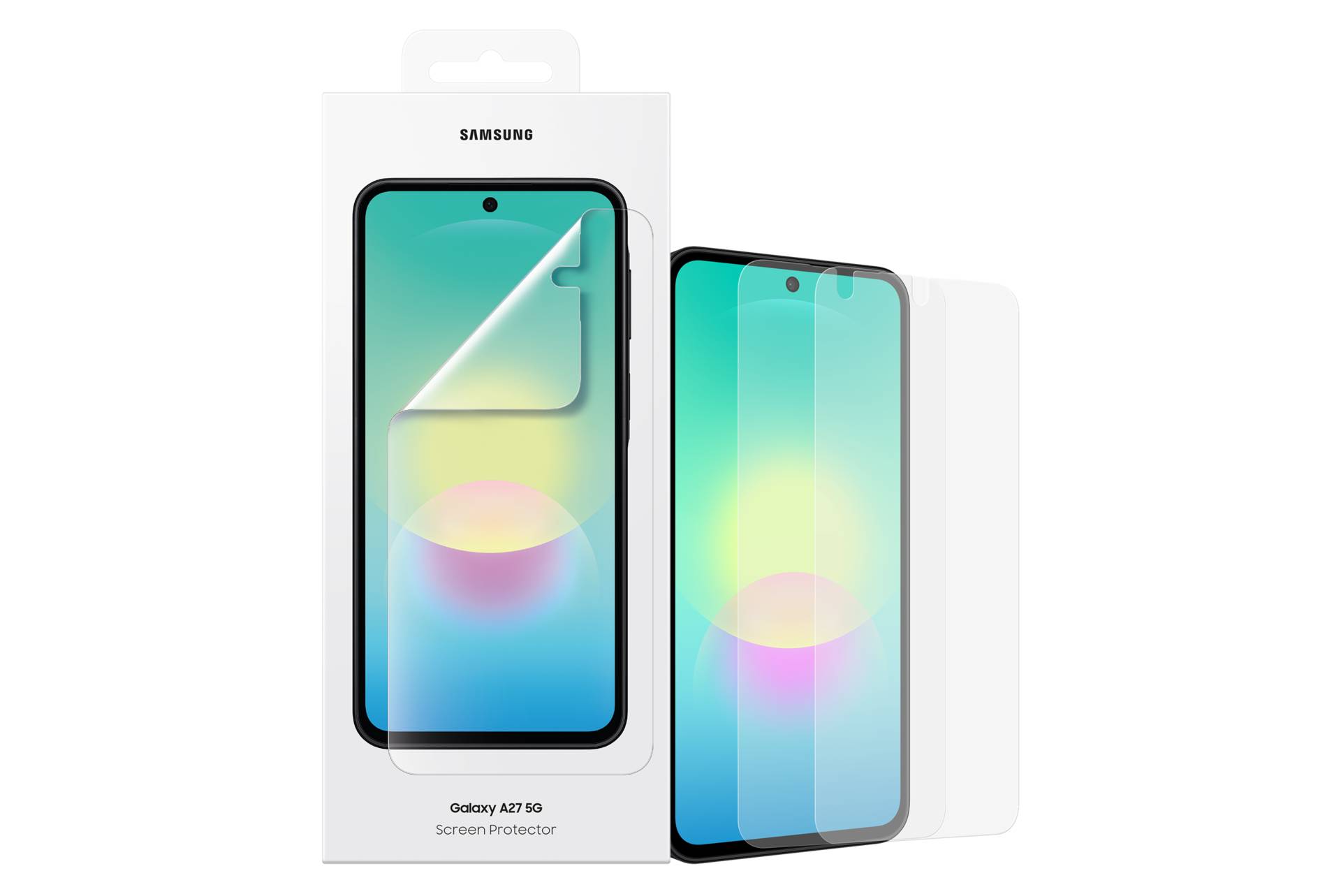 Samsung Galaxy A27 5G Displayschutzfolie mit drei gehärteten Glassschutzfolien, dargestellt neben einer Telefonbildschirmillustration.