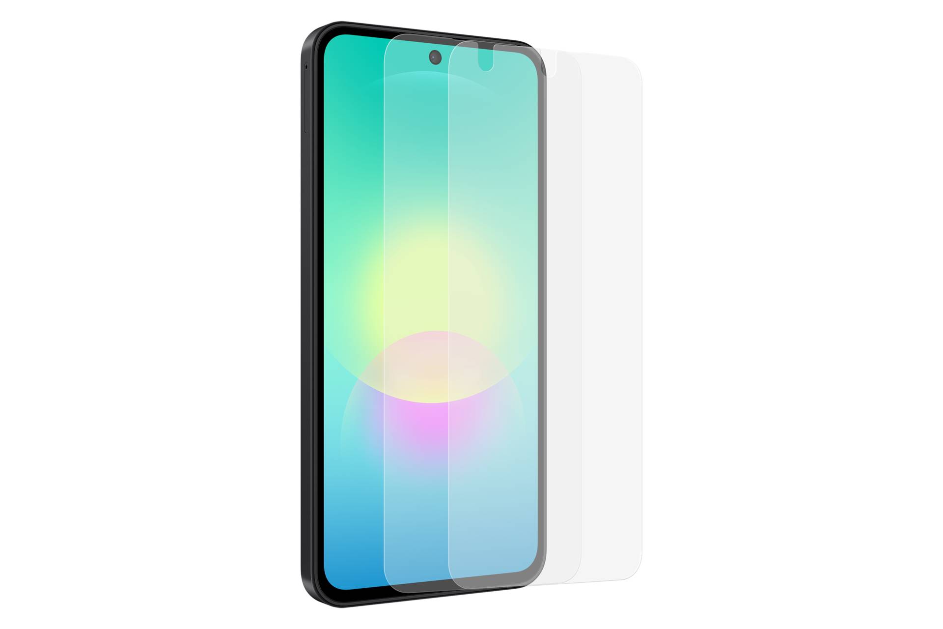 Illustration eines Smartphones mit geschichteten transparenten Displayschutzfolien, die über dem Display ausgerichtet sind.