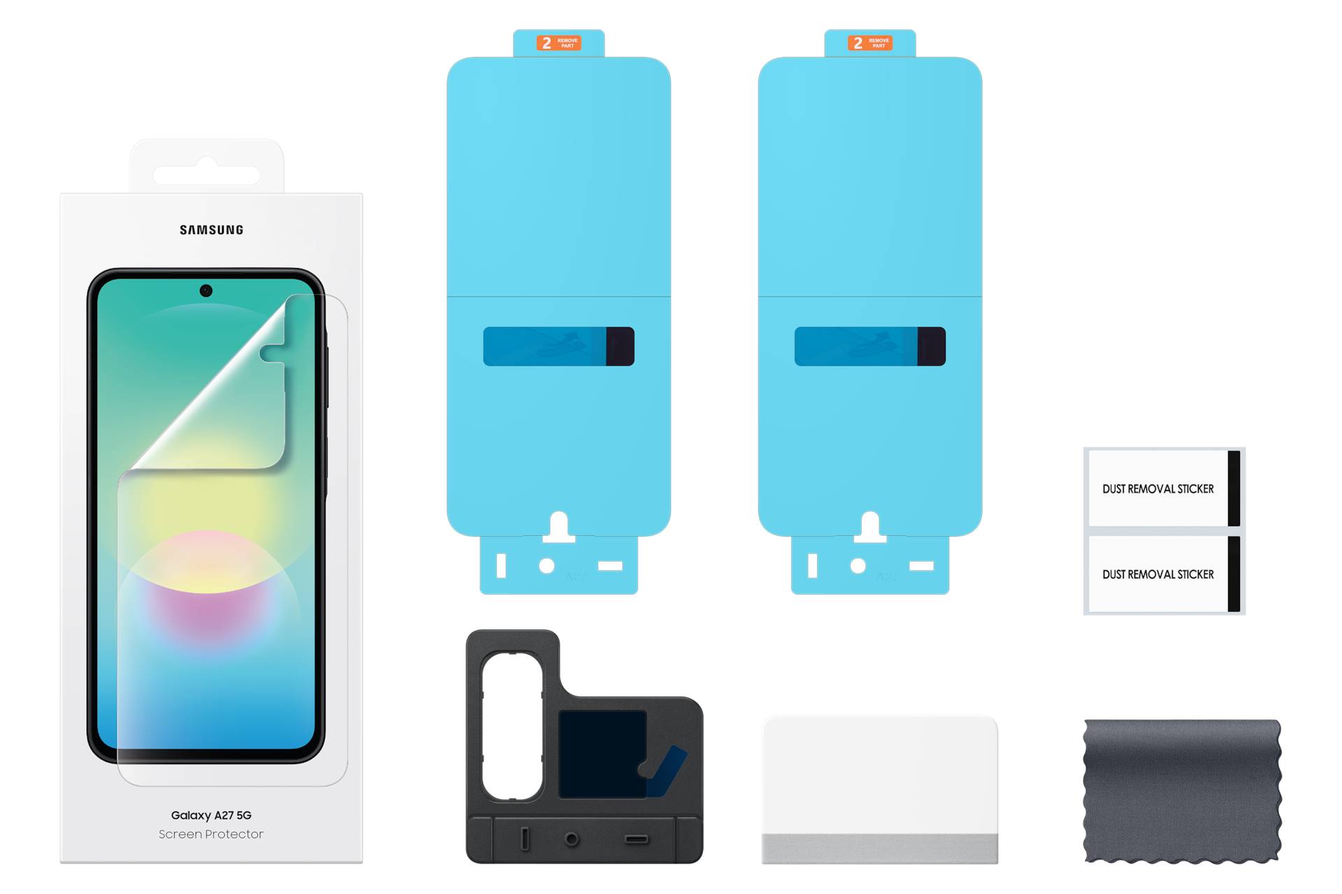 Samsung Galaxy A72 Displayschutzfolien-Set mit zwei blauen Applikatorschalen, einem Staubentfernungsticker, Installationswerkzeug, Karte und Reinigungstuch.