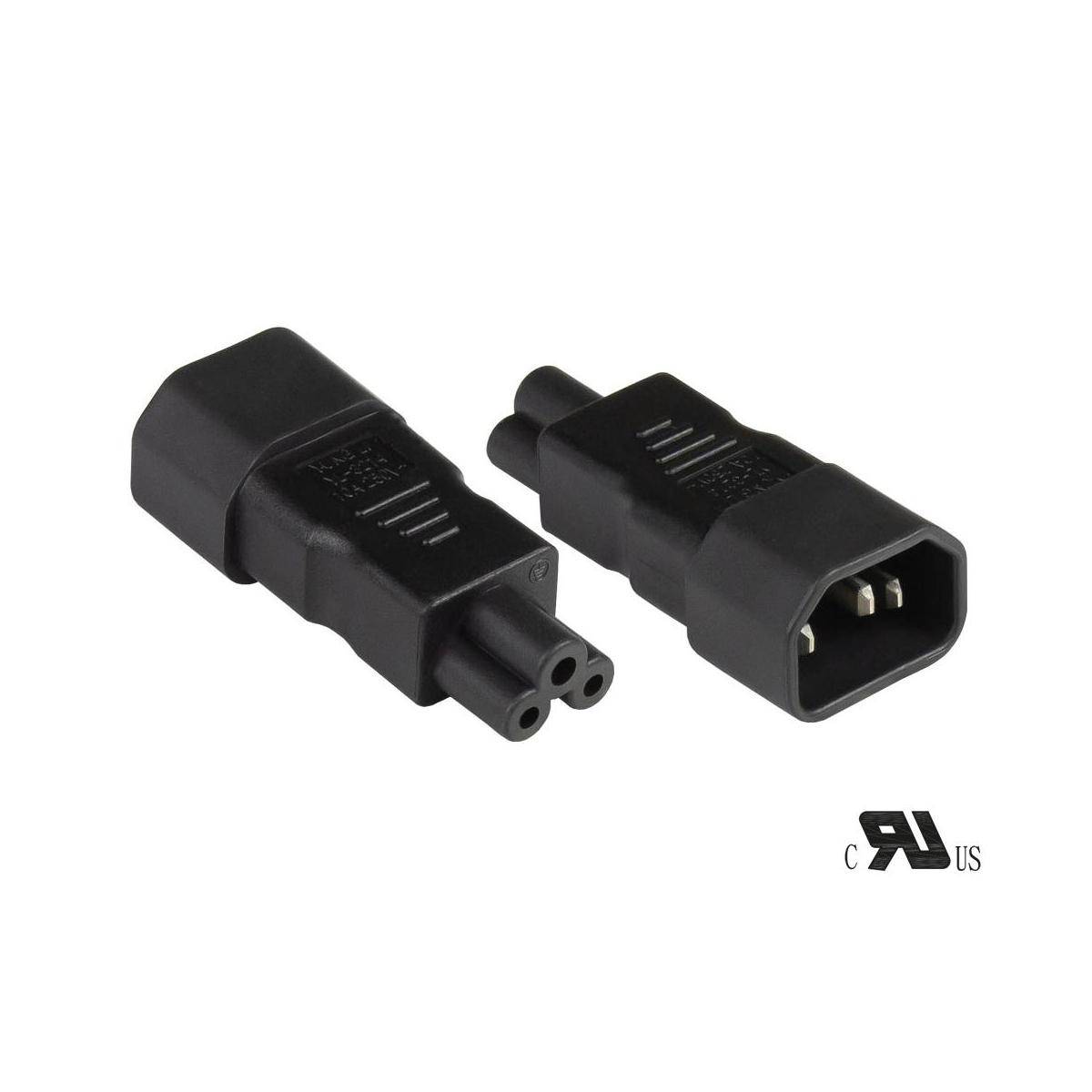 Stromadapter Kaltgeräte-Stecker C14 an Kleeblatt-Buchse C5, UL, schwarz