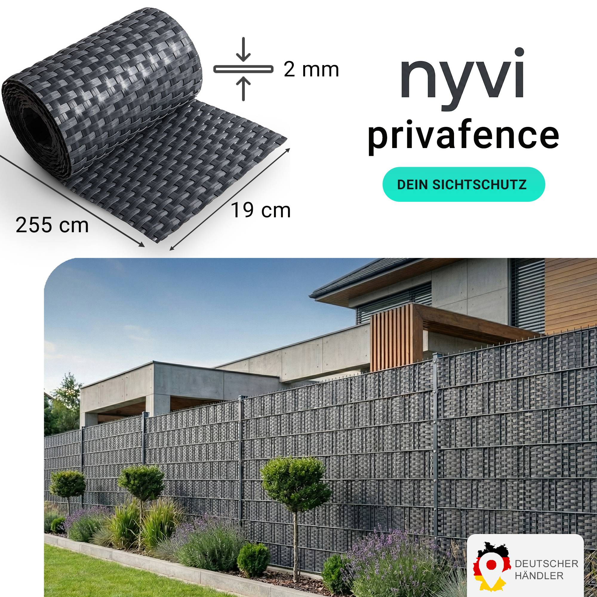 NYVI Polyrattan Sichtschutzstreifen Privafence 255x19 cm - 6 Rollen - Anthrazit