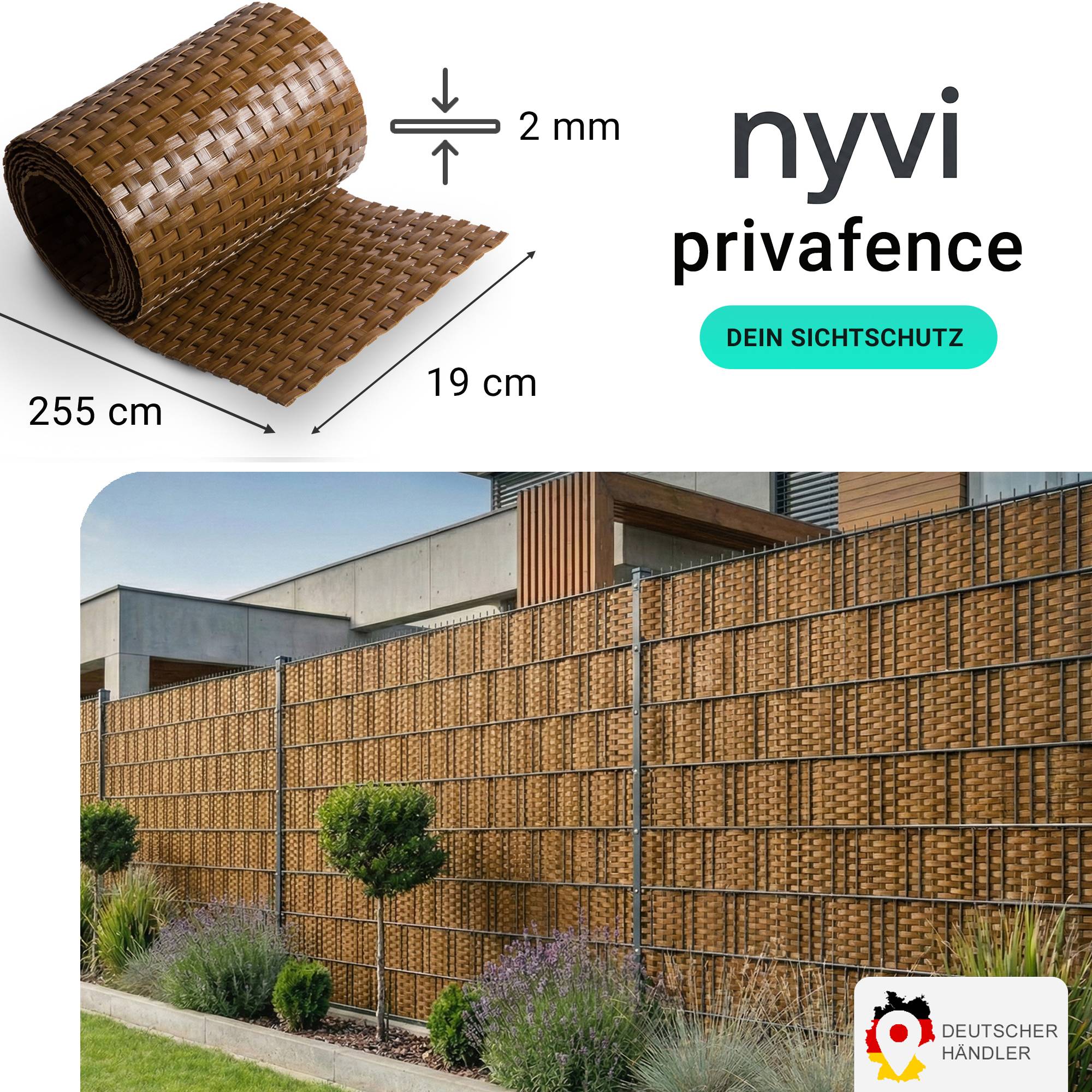 NYVI Polyrattan Sichtschutzstreifen Privafence 255x19 cm - 10 Rollen - Honig