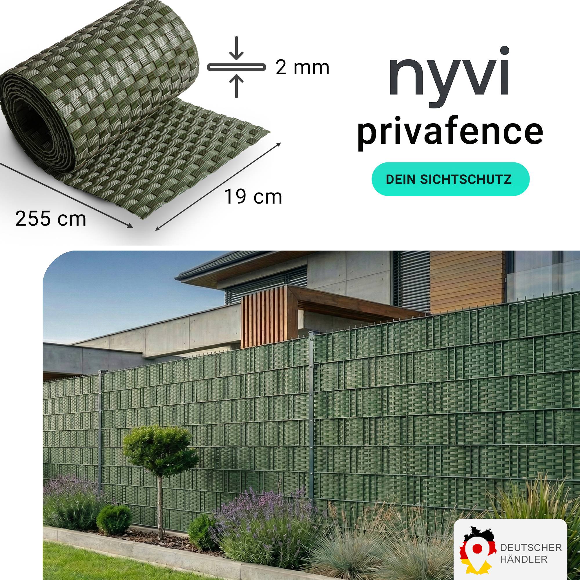NYVI Polyrattan Sichtschutzstreifen Privafence 255x19 cm - 5 Rollen - Grün