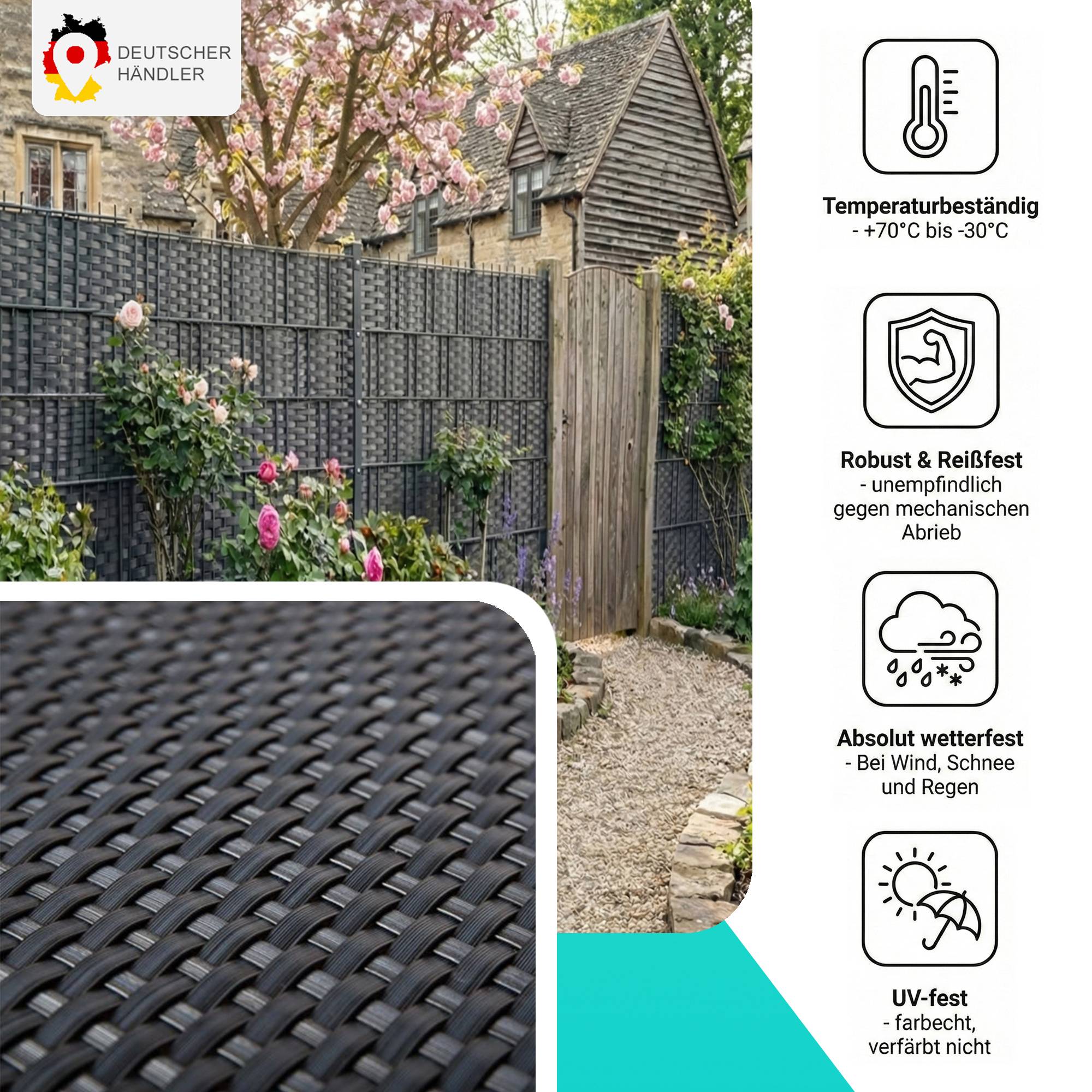NYVI Polyrattan Sichtschutzstreifen Privafence 255x19 cm - 5 Rollen - Hellgrau