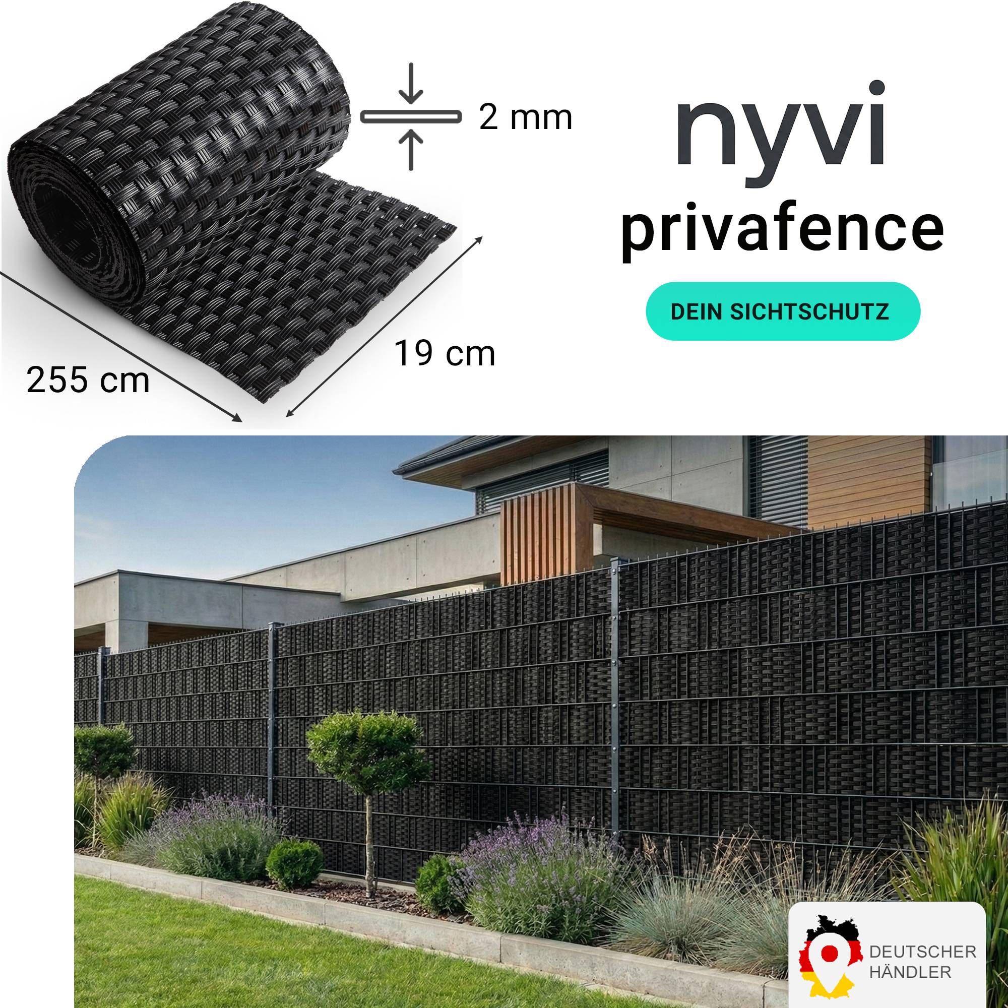 NYVI Polyrattan Sichtschutzstreifen Privafence 255x19 cm - 5 Rollen - Schwarz