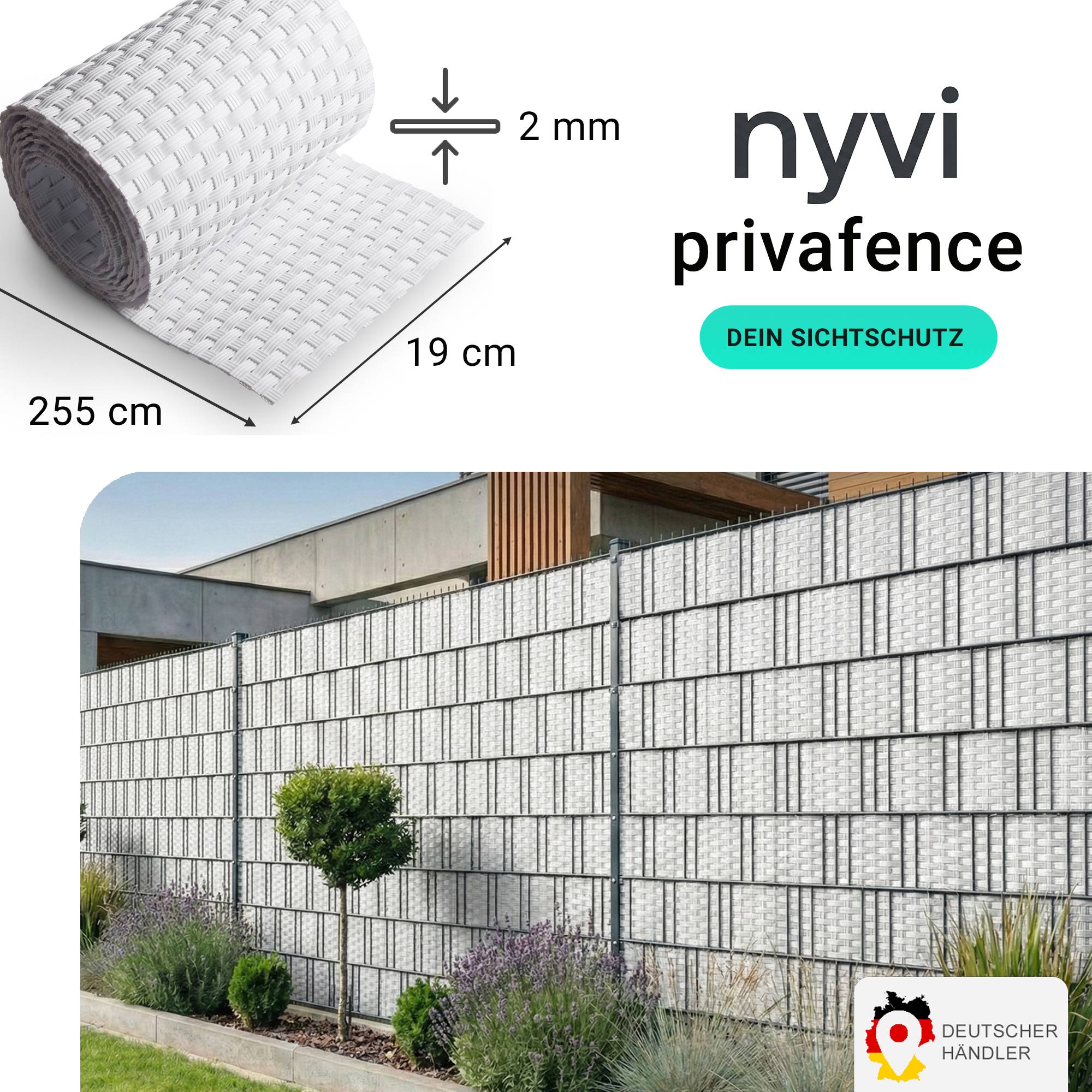 NYVI Polyrattan Sichtschutzstreifen Privafence 255x19 cm - 5 Rollen - Weiß