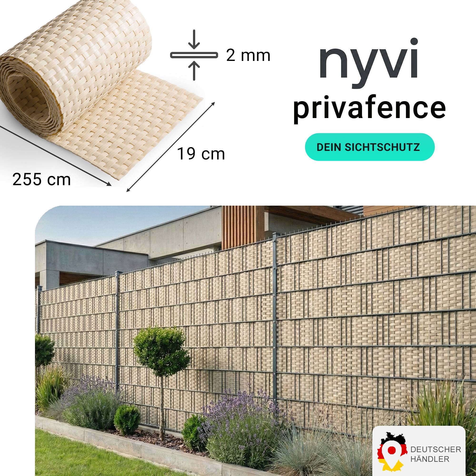 NYVI Polyrattan Sichtschutzstreifen Privafence 255x19 cm - 5 Rollen - Beige