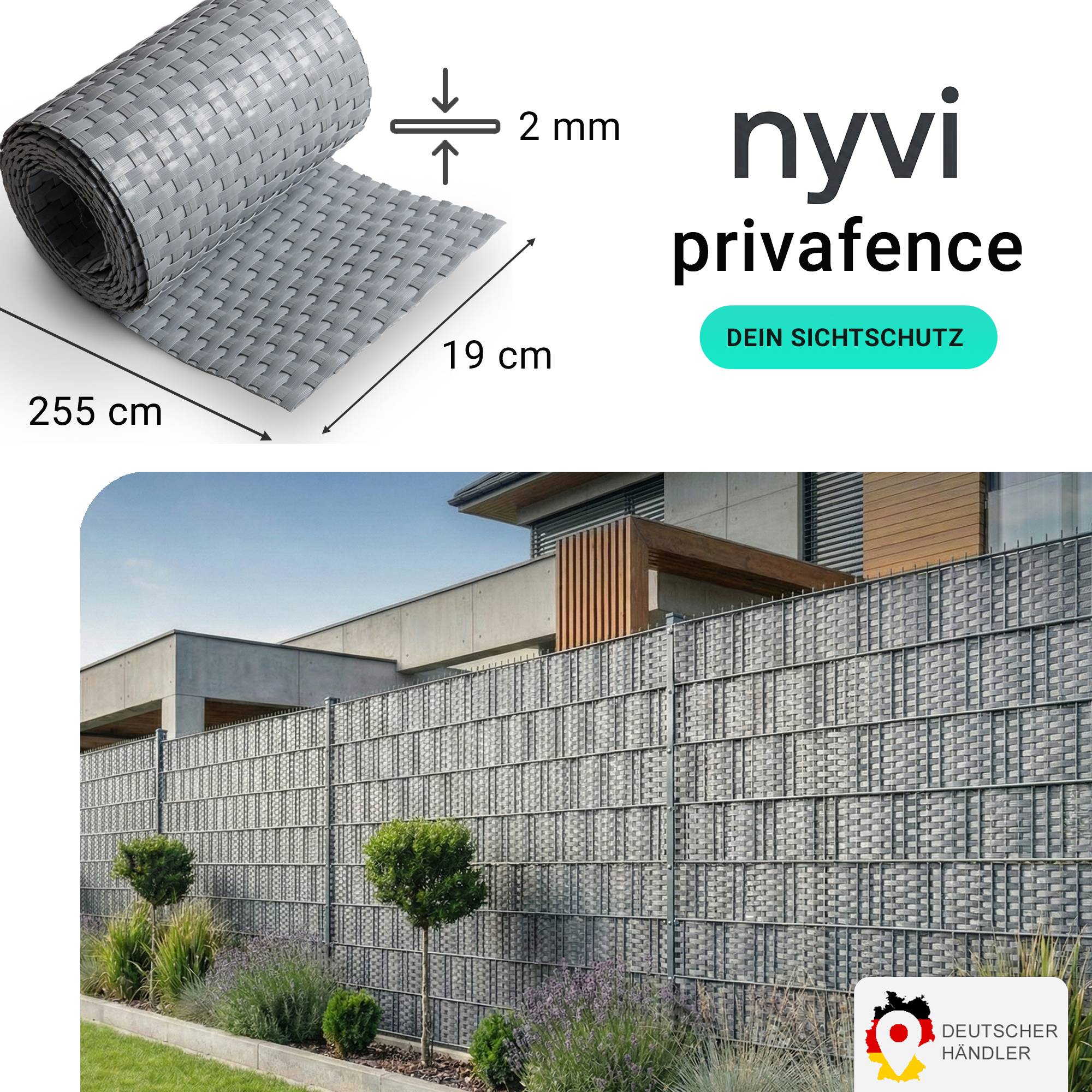 NYVI Polyrattan Sichtschutzstreifen Privafence 255x19 cm - 5 Rollen - Hellgrau