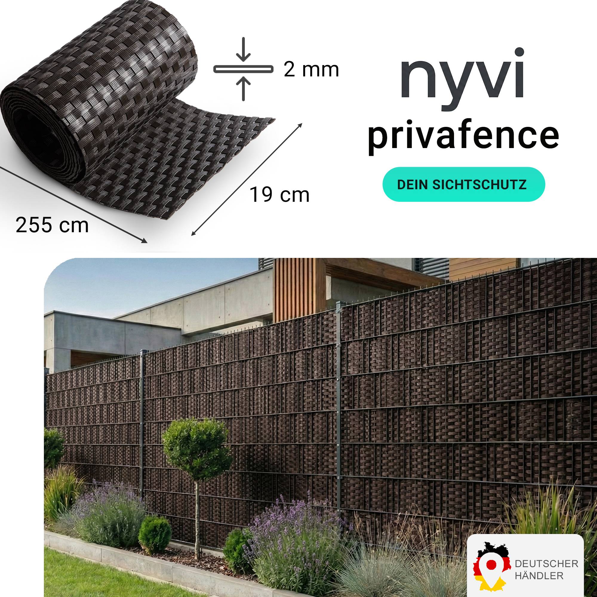 NYVI Polyrattan Sichtschutzstreifen Privafence 255x19 cm - 5 Rollen - Dunkelbraun