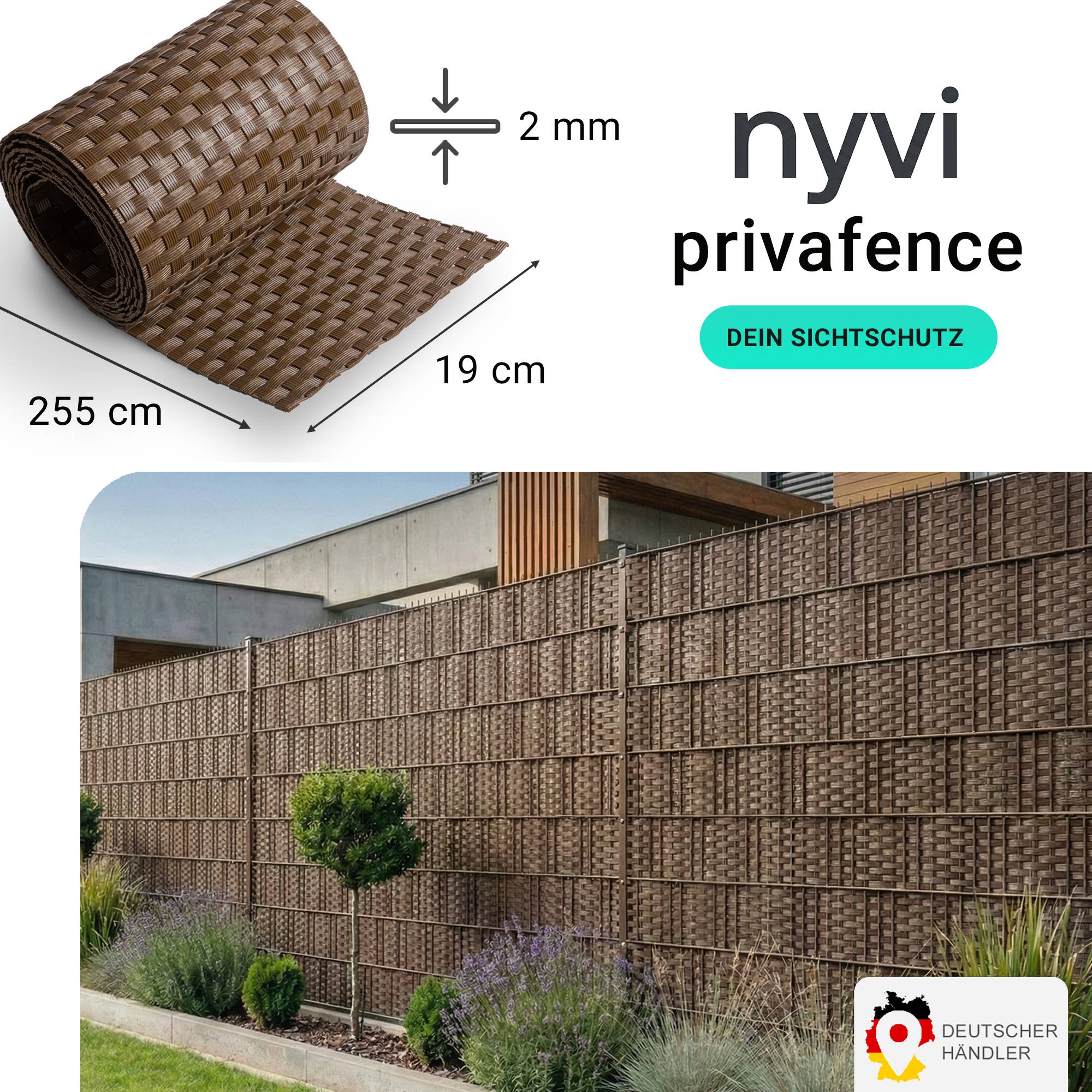 NYVI Polyrattan Sichtschutzstreifen Privafence 255x19 cm - 5 Rollen - Braun