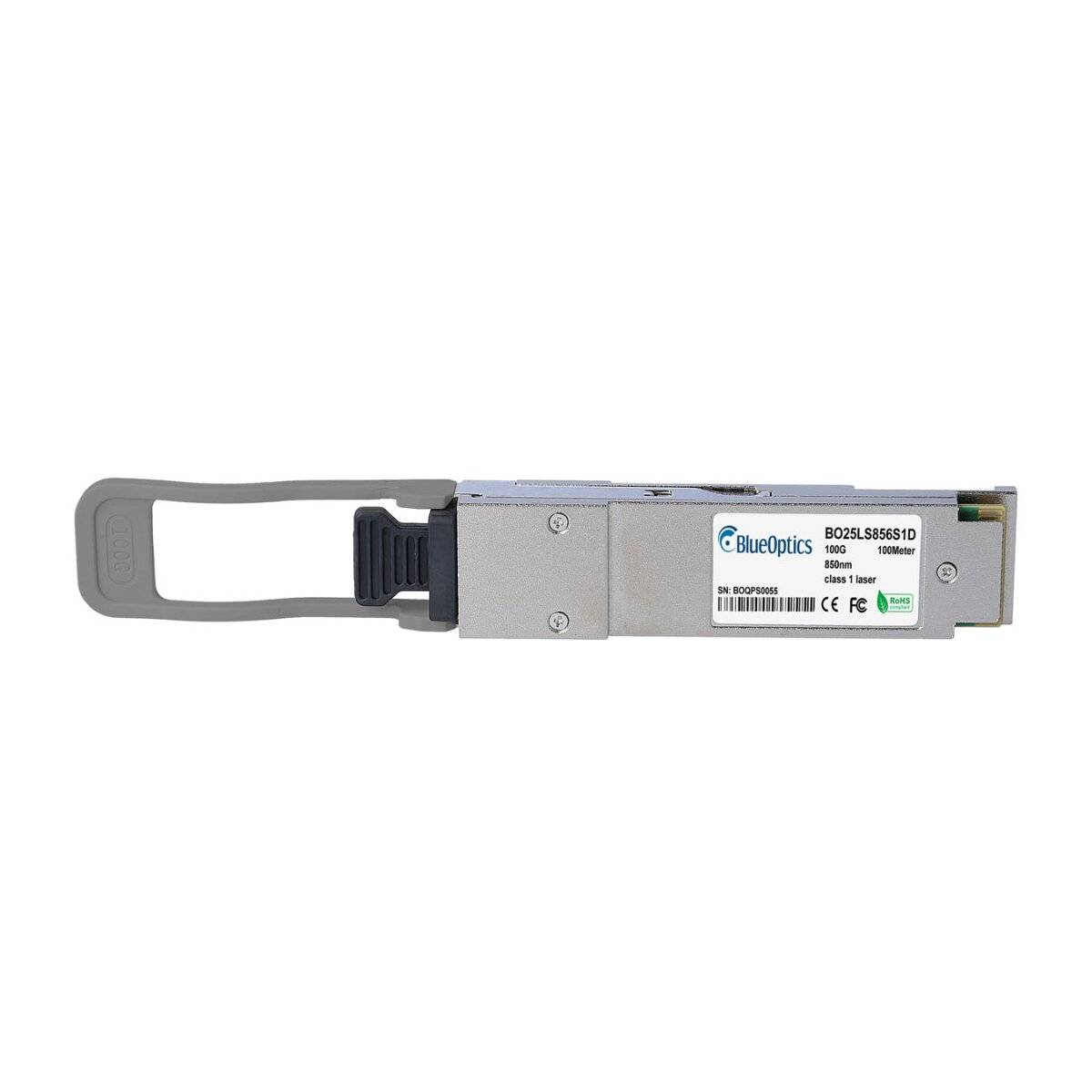 BlueOptics 100G Ethernet Transceiver-Modul mit Zuglasche, dargestellt auf weißem Hintergrund.
