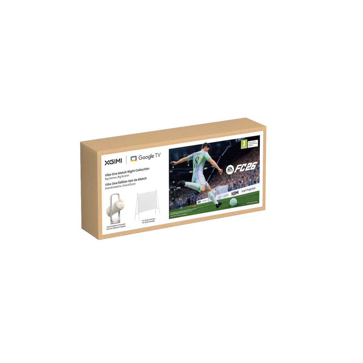 XGIMI Google TV Projector-Box mit einem Fußballspiel-Bild auf der Vorderseite und aufgelisteten Produktmerkmalen auf der linken Seite.