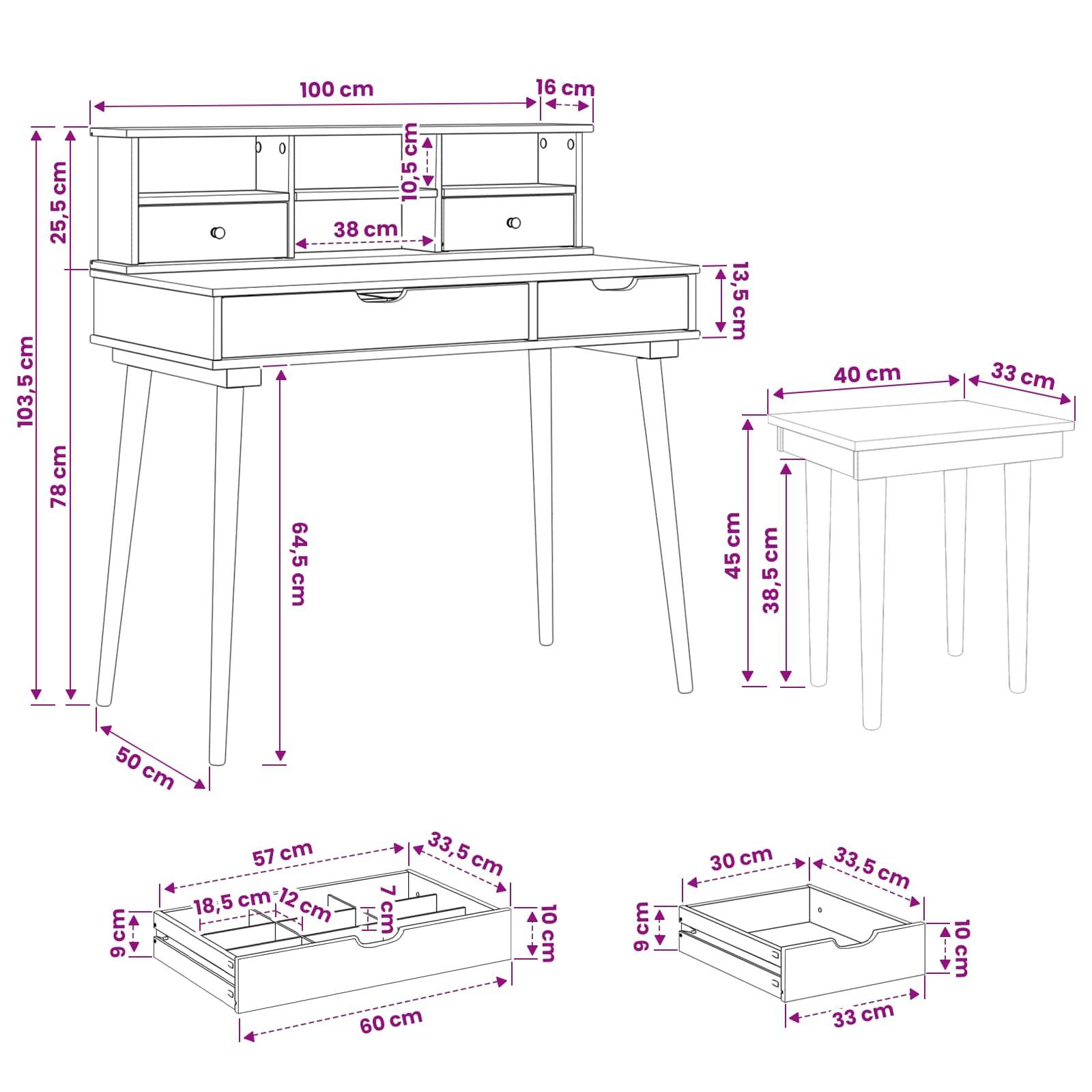 vidaXL Schminktisch-Set FAUSKE 3 pcs Weiß 100 x 50 x 103,5 cm