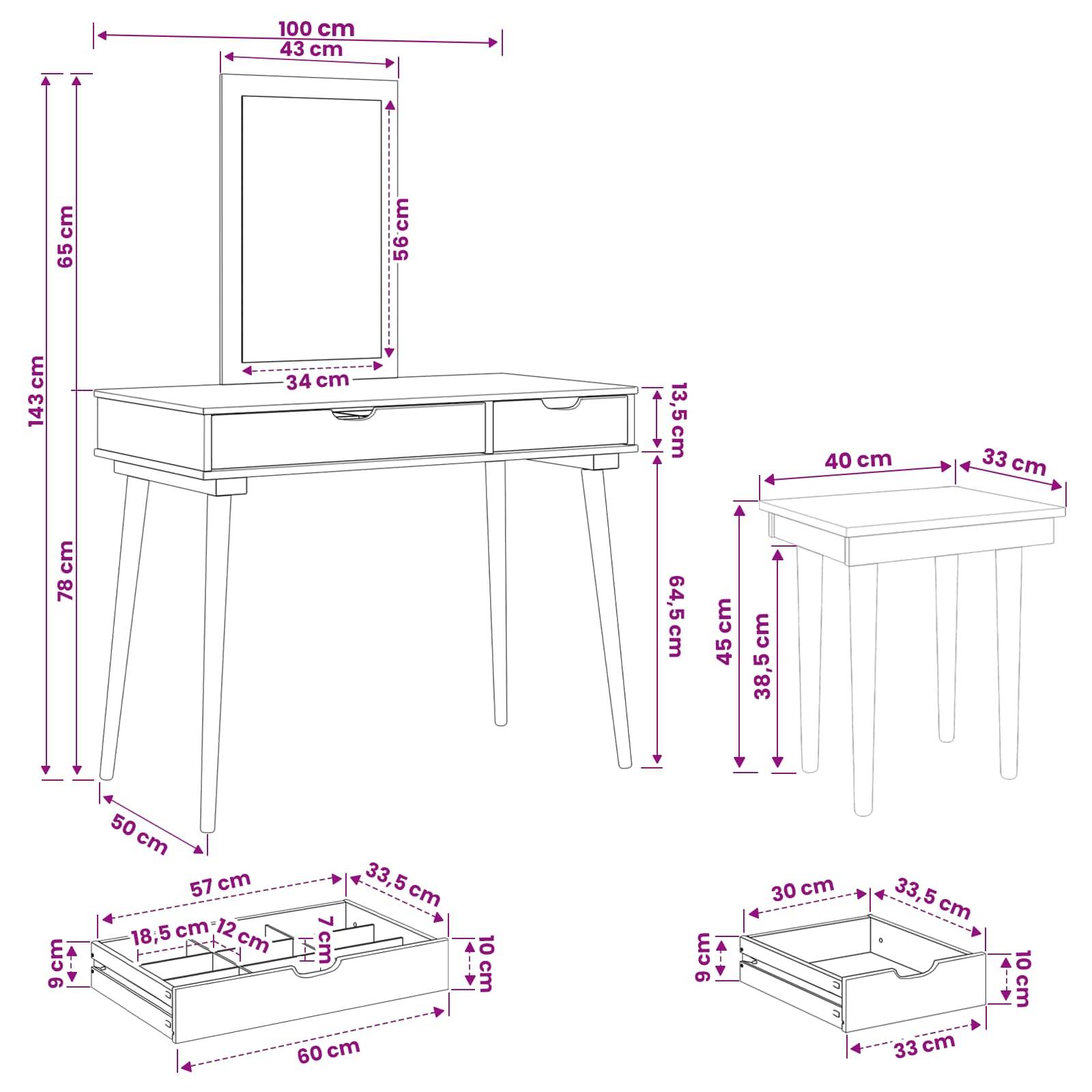 vidaXL Schminktisch-Set FAUSKE 3 pcs Weiß 100 x 50 x 143 cm