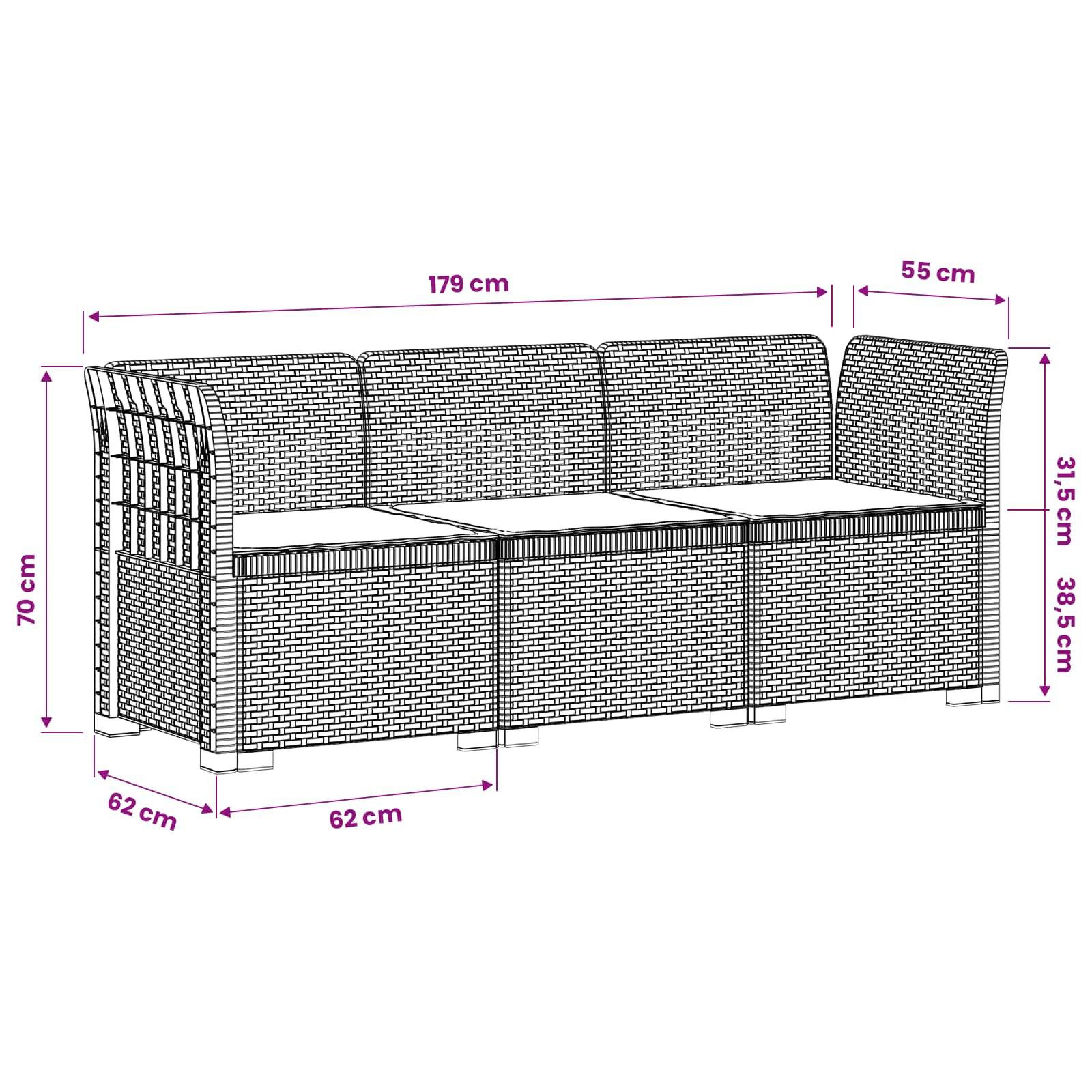 vidaXL 3-Sitzer Garten Sofa mit Kissen Rattan-Look PP Anthrazit