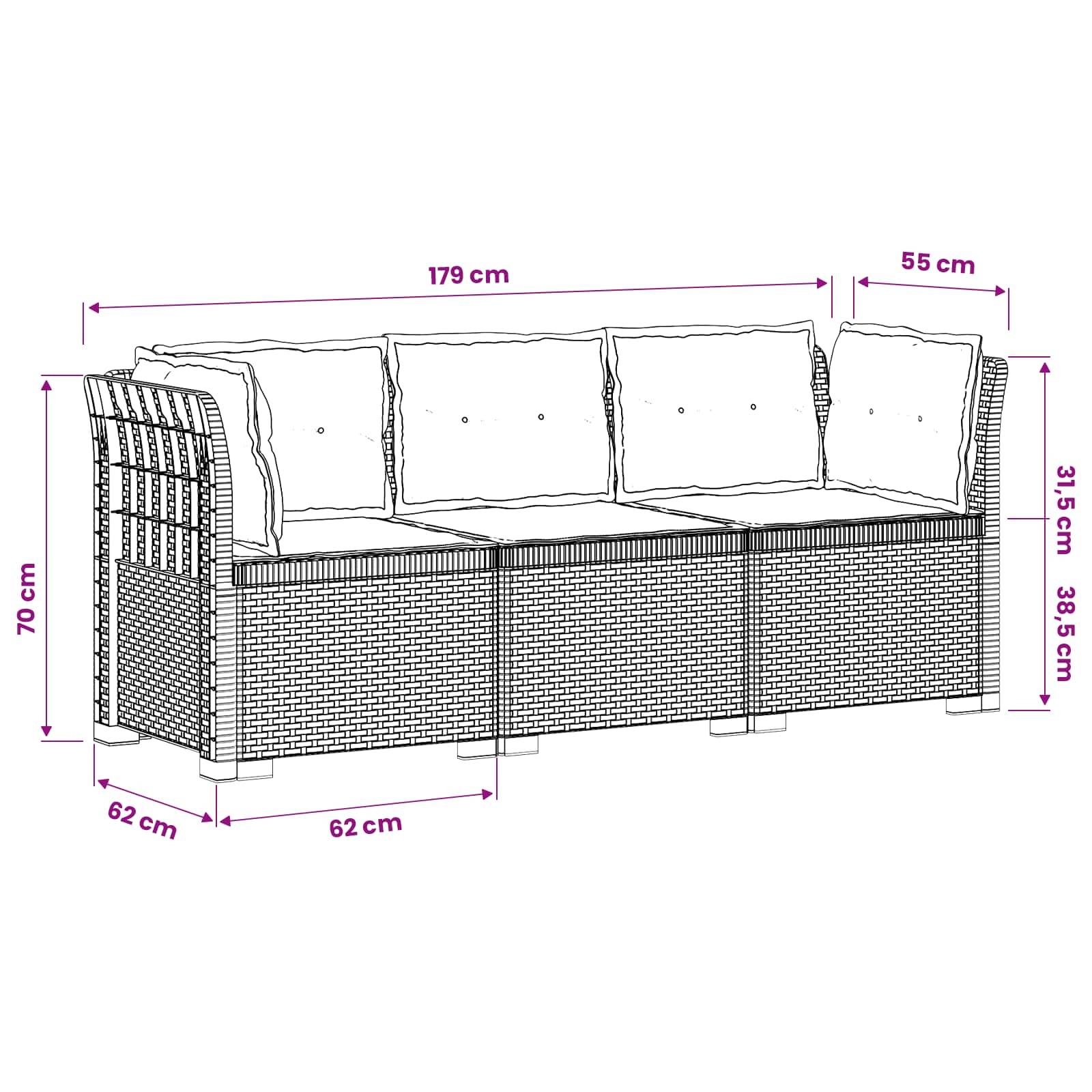 vidaXL 3-Sitzer Garten Sofa mit Kissen Rattan-Look PP Anthrazit