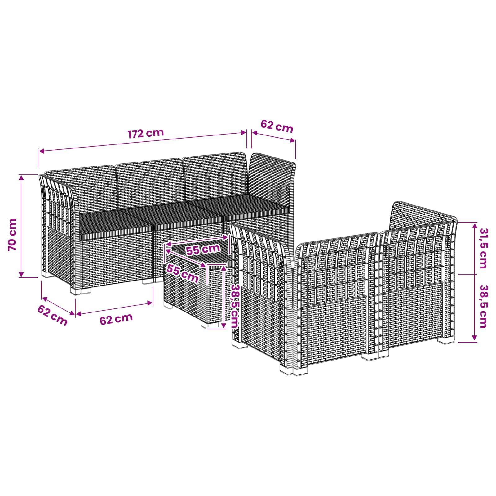 vidaXL 5-Sitzer Gartensofa Rattan-Look PP Anthrazit