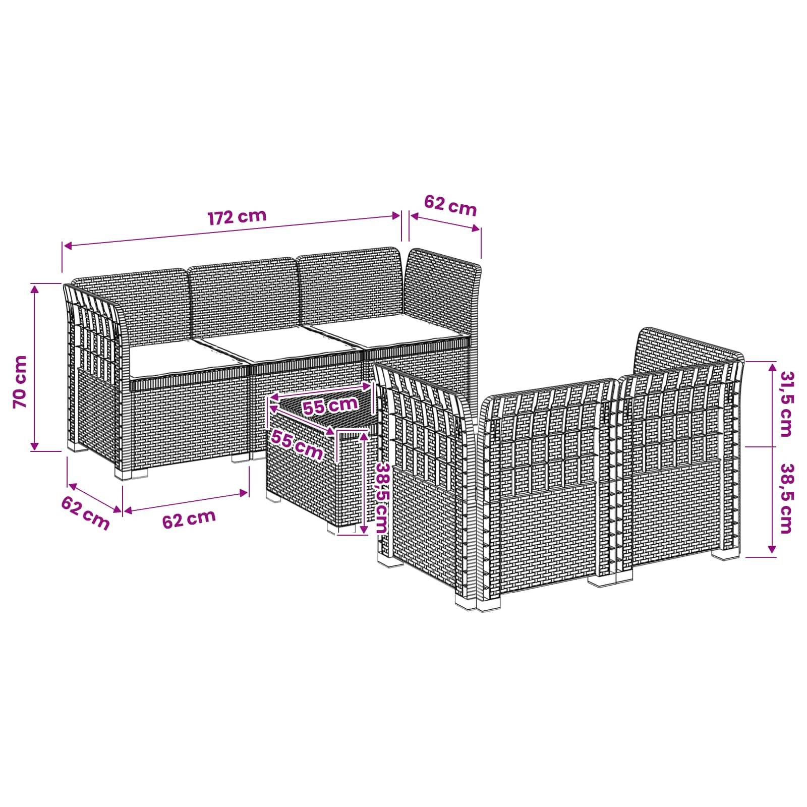 vidaXL 5-Sitzer Gartensofa mit Kissen Rattan-Look PP Hellgrau