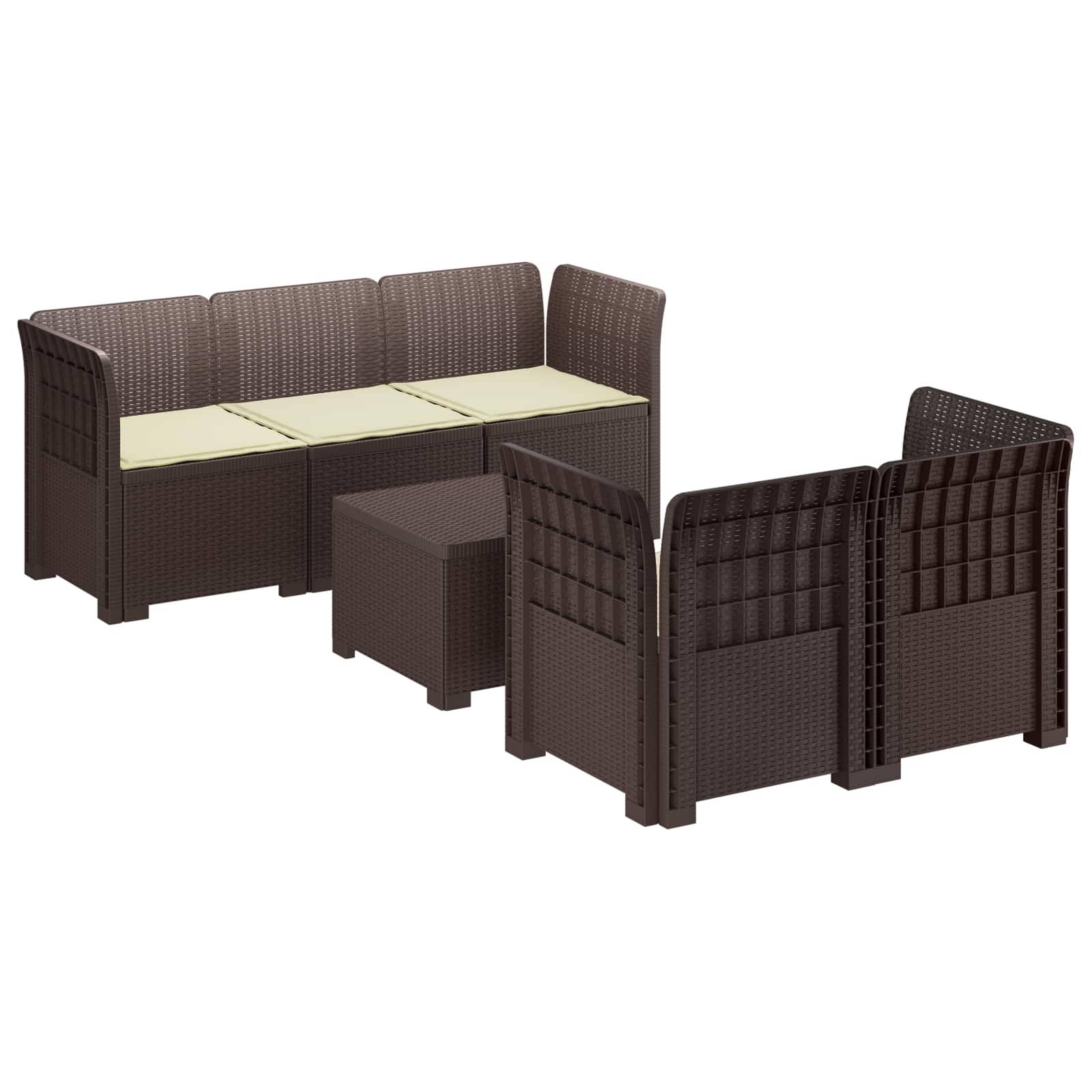 vidaXL 5-Sitzer Gartensofa mit Kissen Rattan-Look PP Braun
