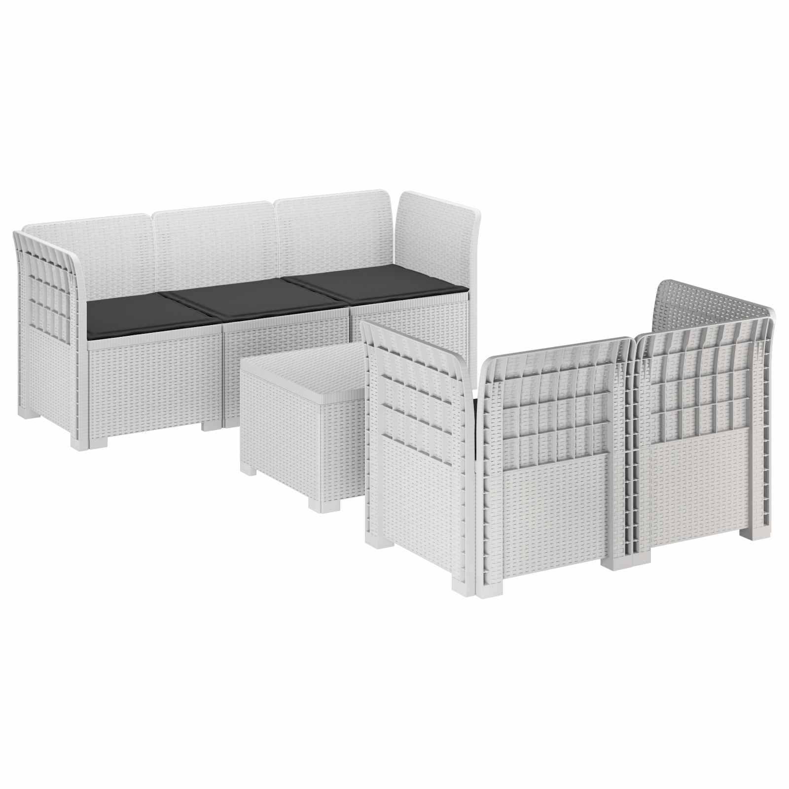 vidaXL 5-Sitzer Gartensofa mit Kissen Rattan-Look PP Weiß
