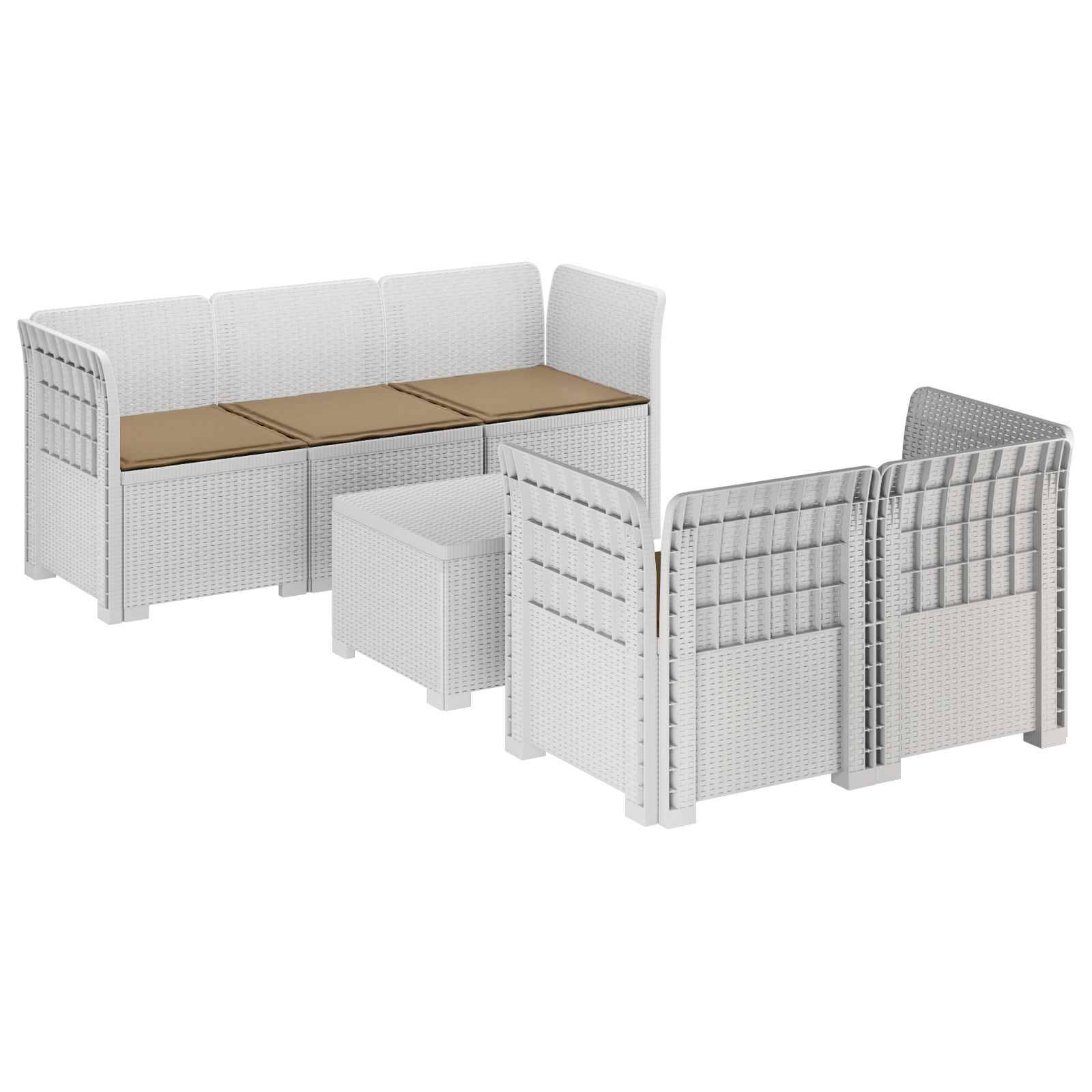 vidaXL 5-Sitzer Gartensofa mit Kissen Rattan-Look PP Weiß