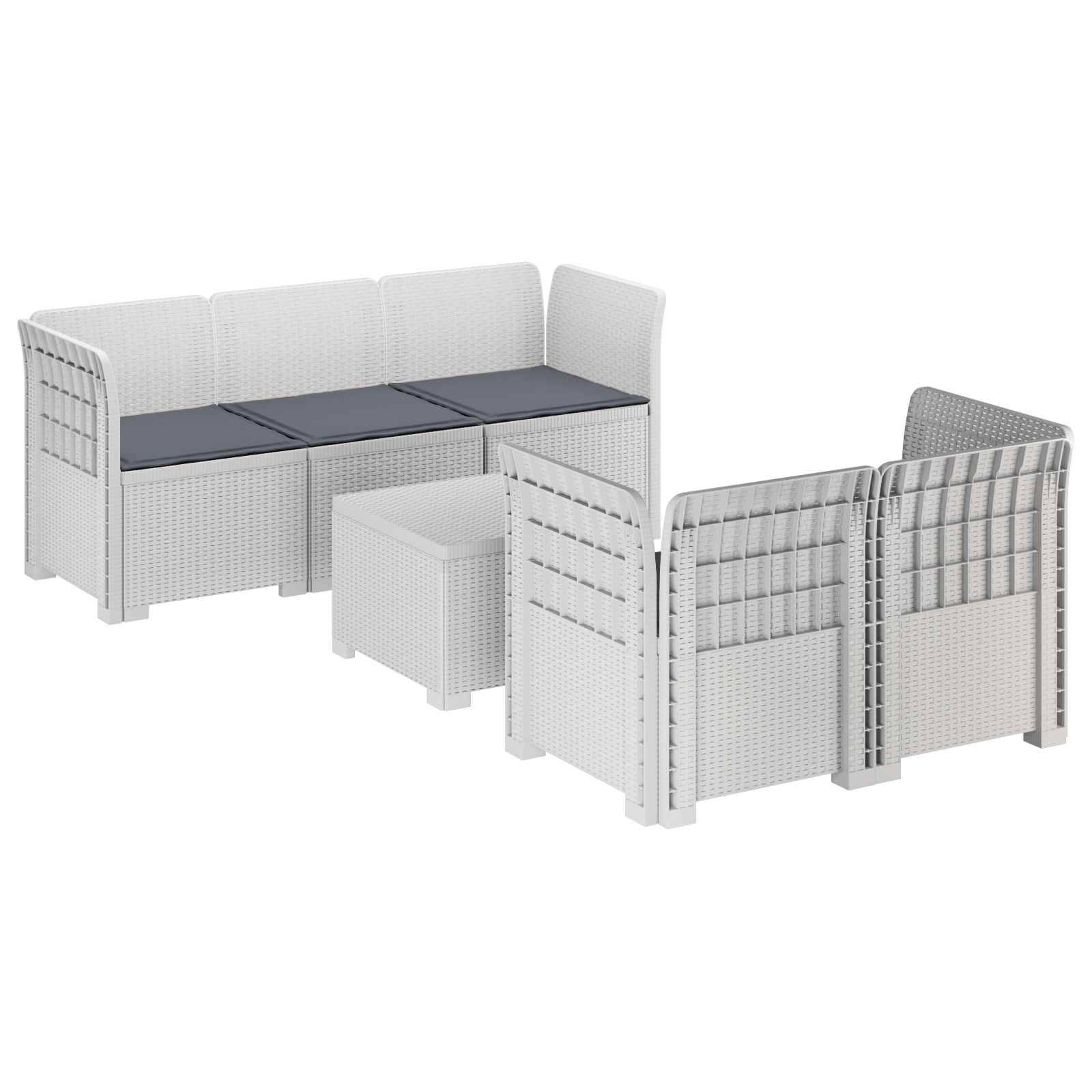 vidaXL 5-Sitzer Gartensofa mit Kissen Rattan-Look PP Weiß