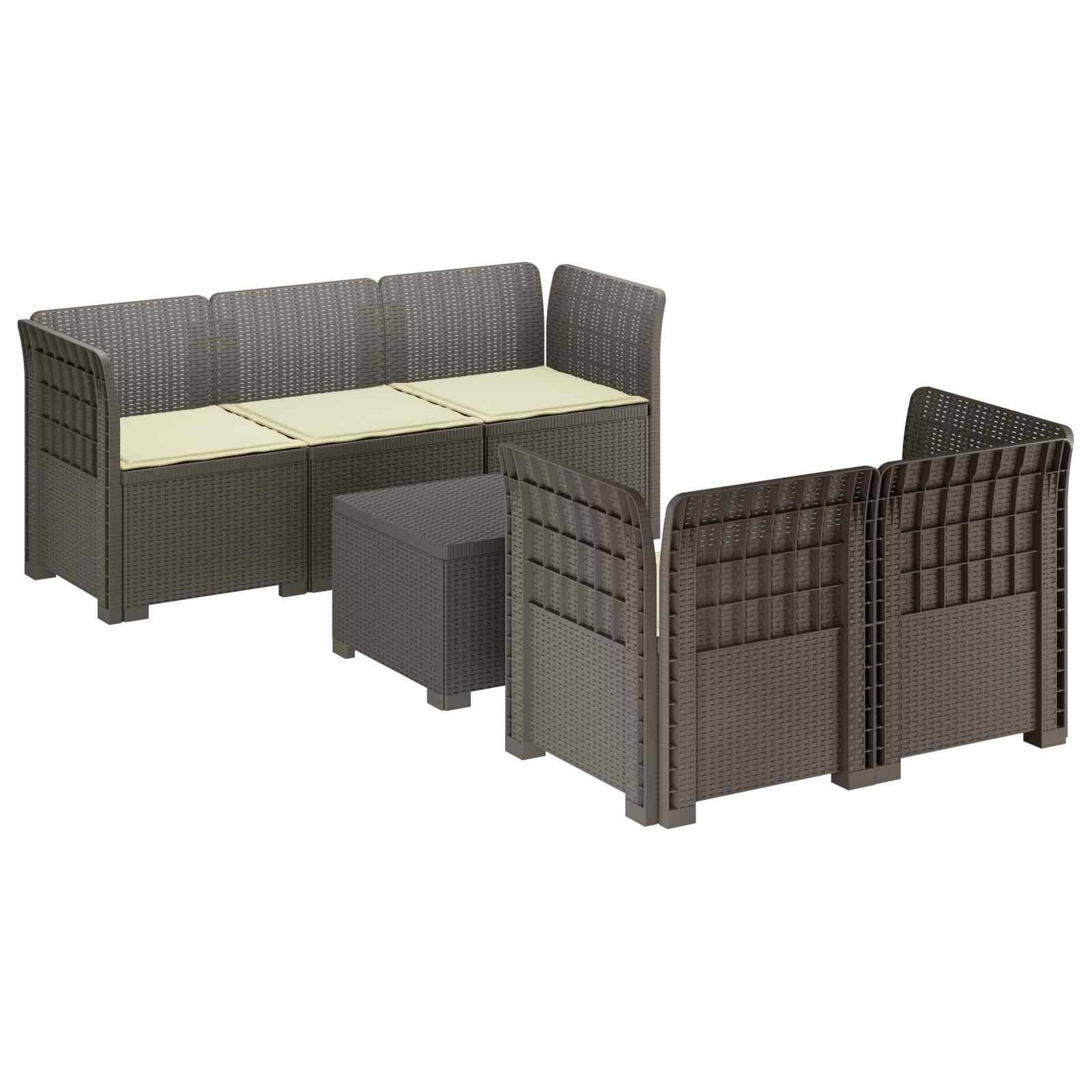 vidaXL 5-Sitzer Gartensofa mit Kissen Rattan-Look PP Hellgrau