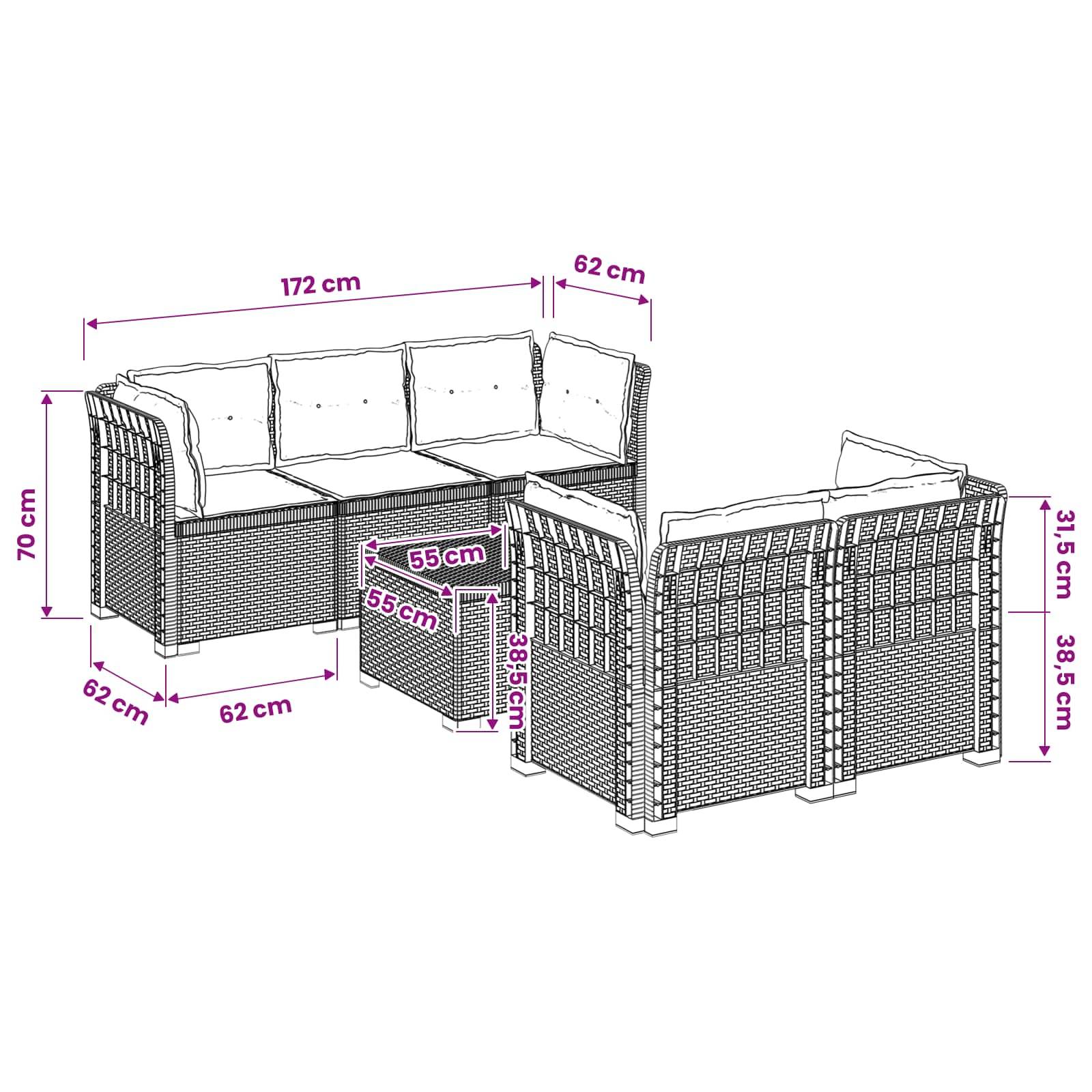 vidaXL 5-Sitzer Gartensofa mit Kissen Rattan-Look PP Weiß