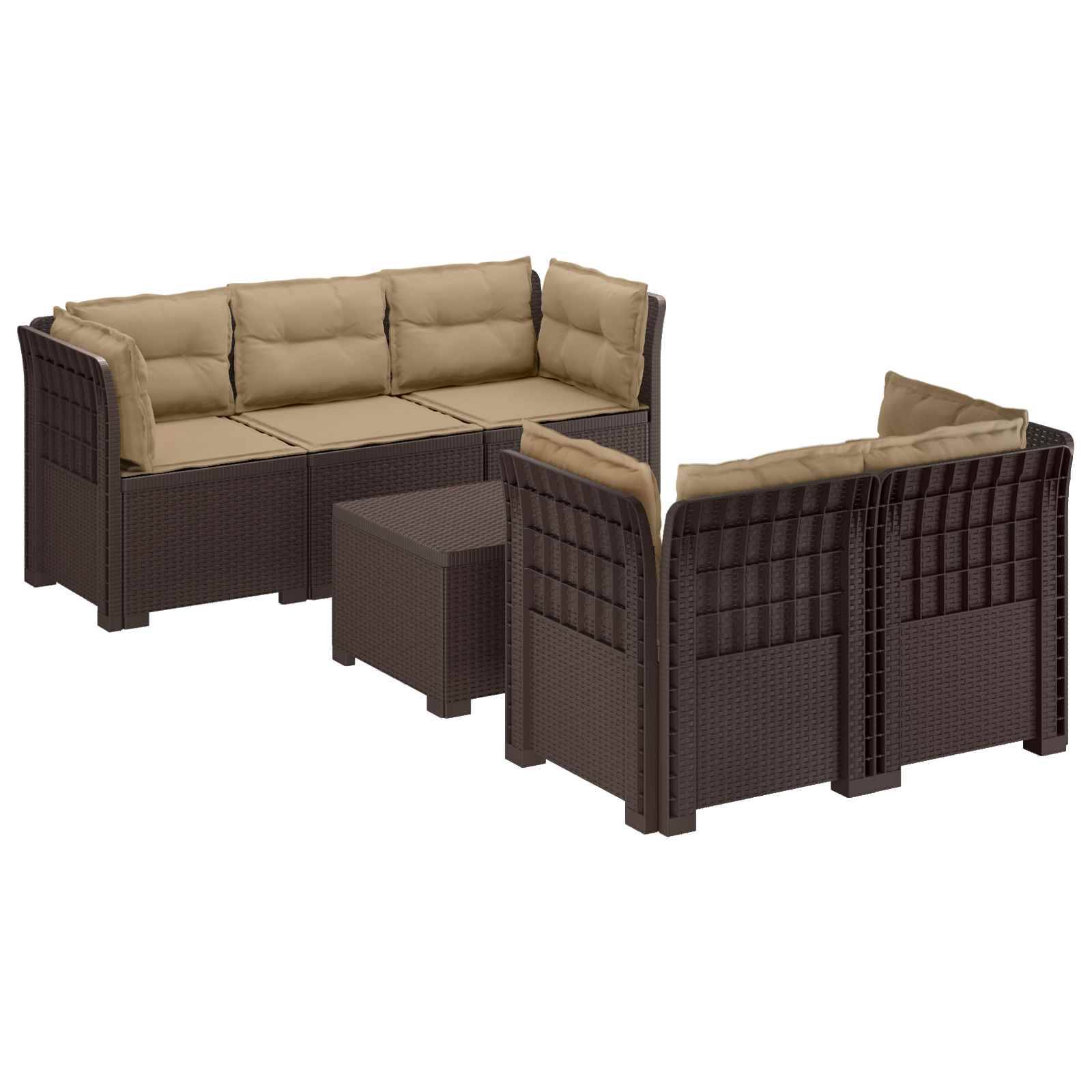 vidaXL 5-Sitzer Gartensofa mit Kissen Rattan-Look PP Braun
