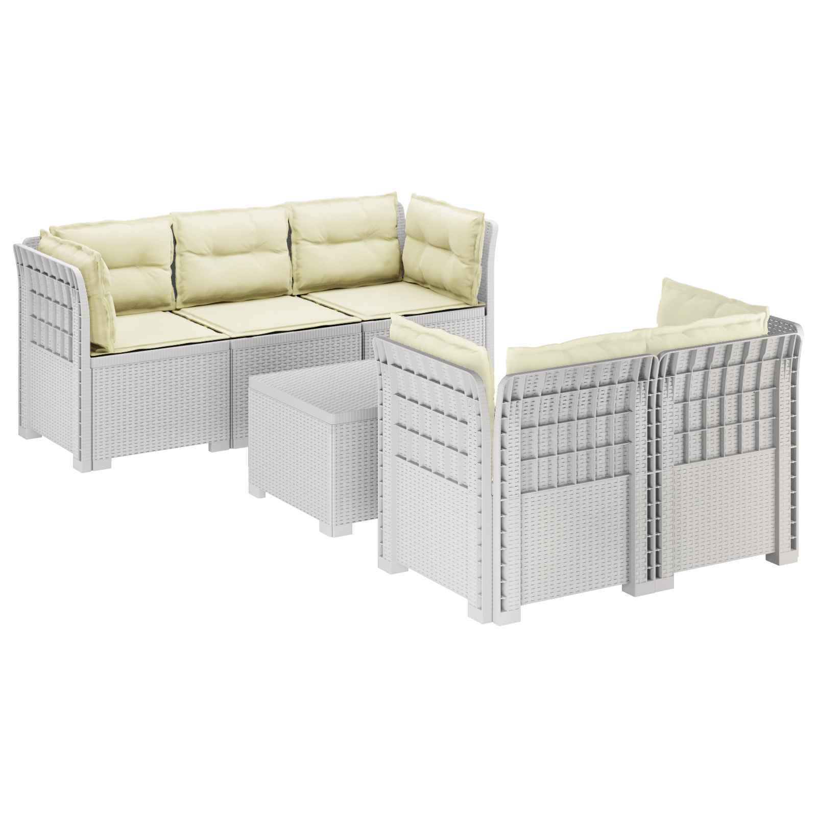 vidaXL 5-Sitzer Gartensofa mit Kissen Rattan-Look PP Weiß