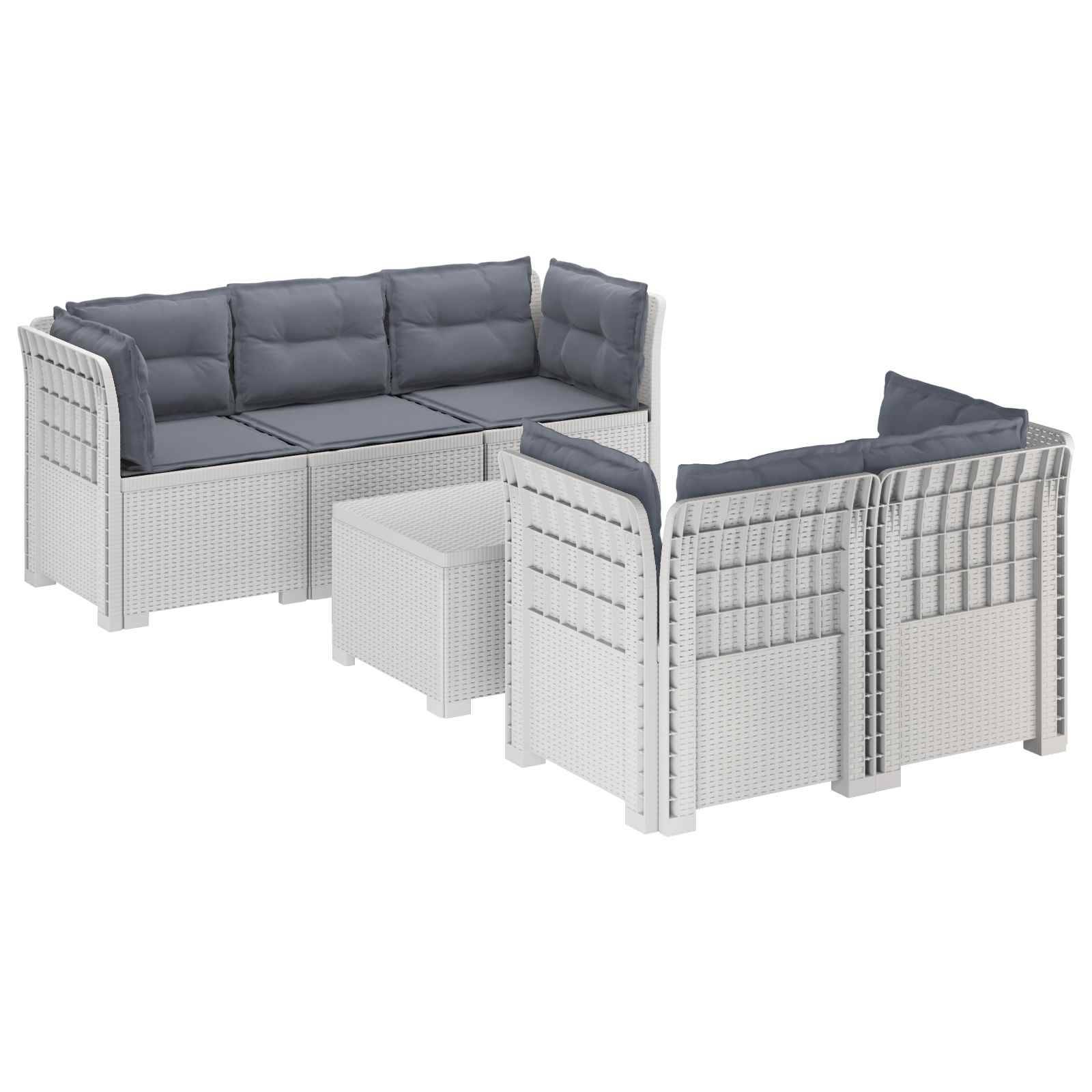 vidaXL 5-Sitzer Gartensofa mit Kissen Rattan-Look PP Weiß