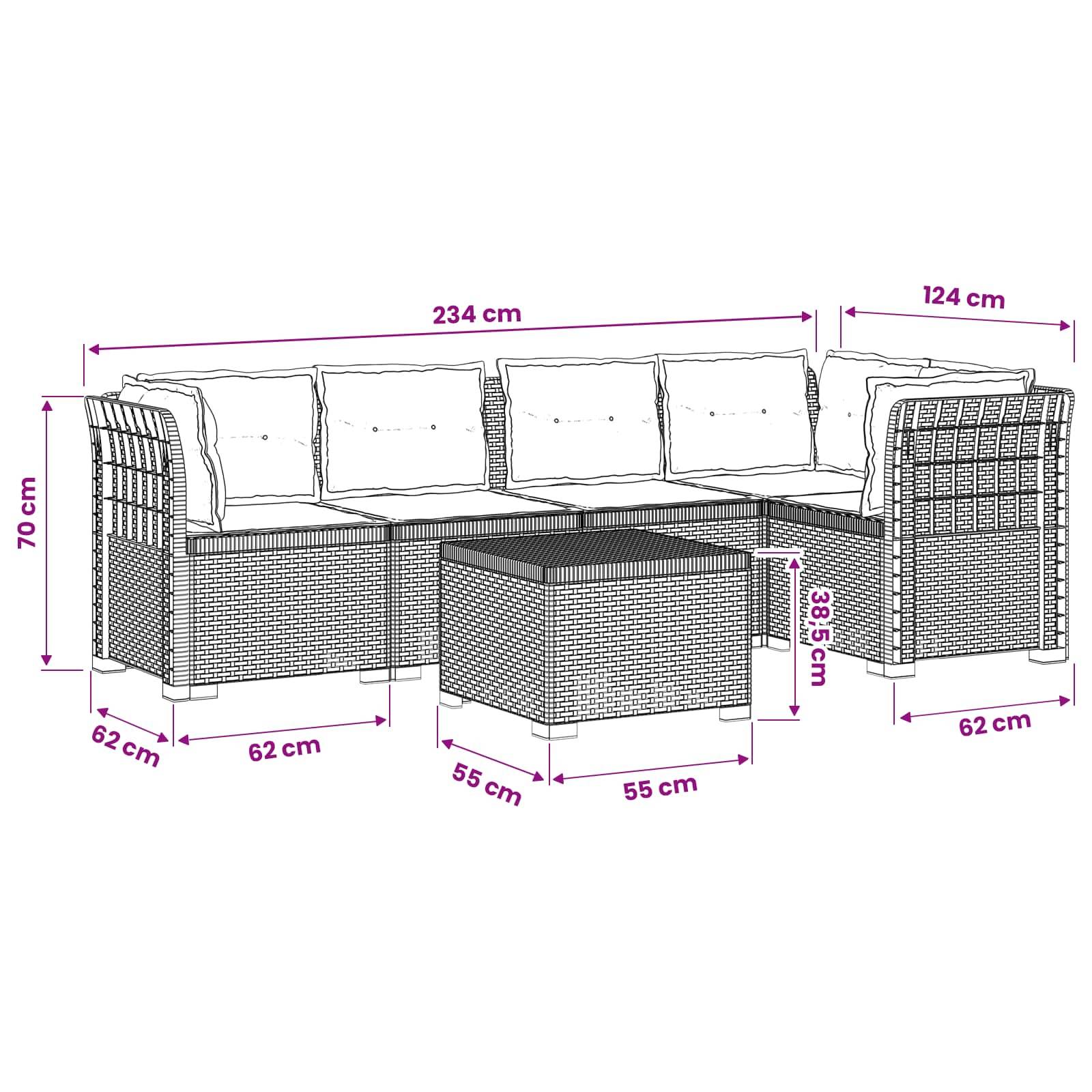 vidaXL 5-Sitzer Gartensofa mit Kissen Rattan-Look PP Braun