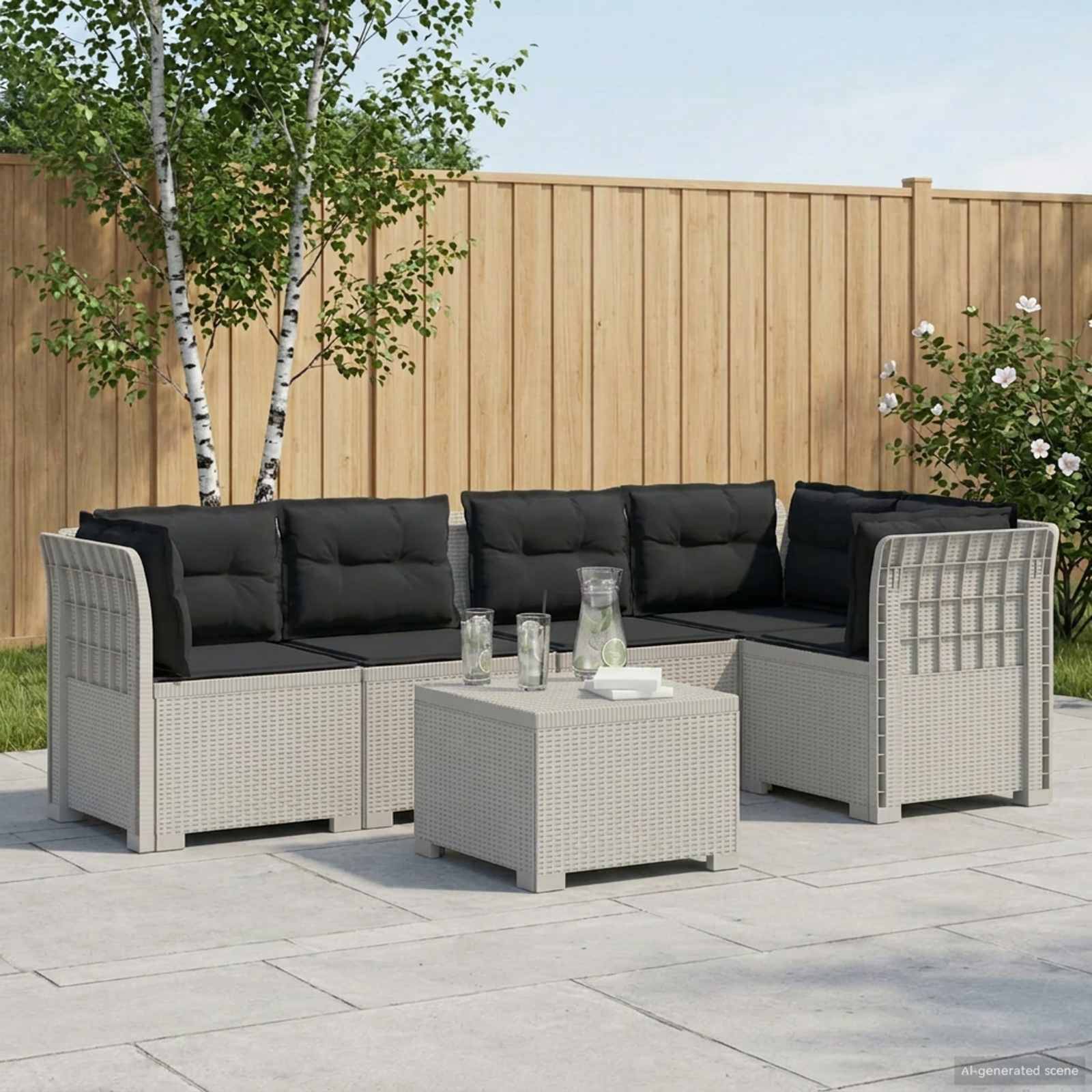 vidaXL 5-Sitzer Gartensofa mit Kissen Rattan-Look PP Weiß