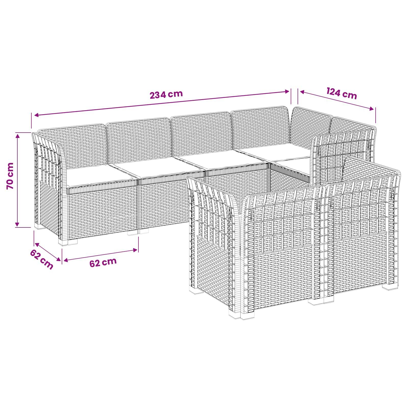 vidaXL 7-Sitzer Gartensofa mit Kissen Rattan-Look PP Braun