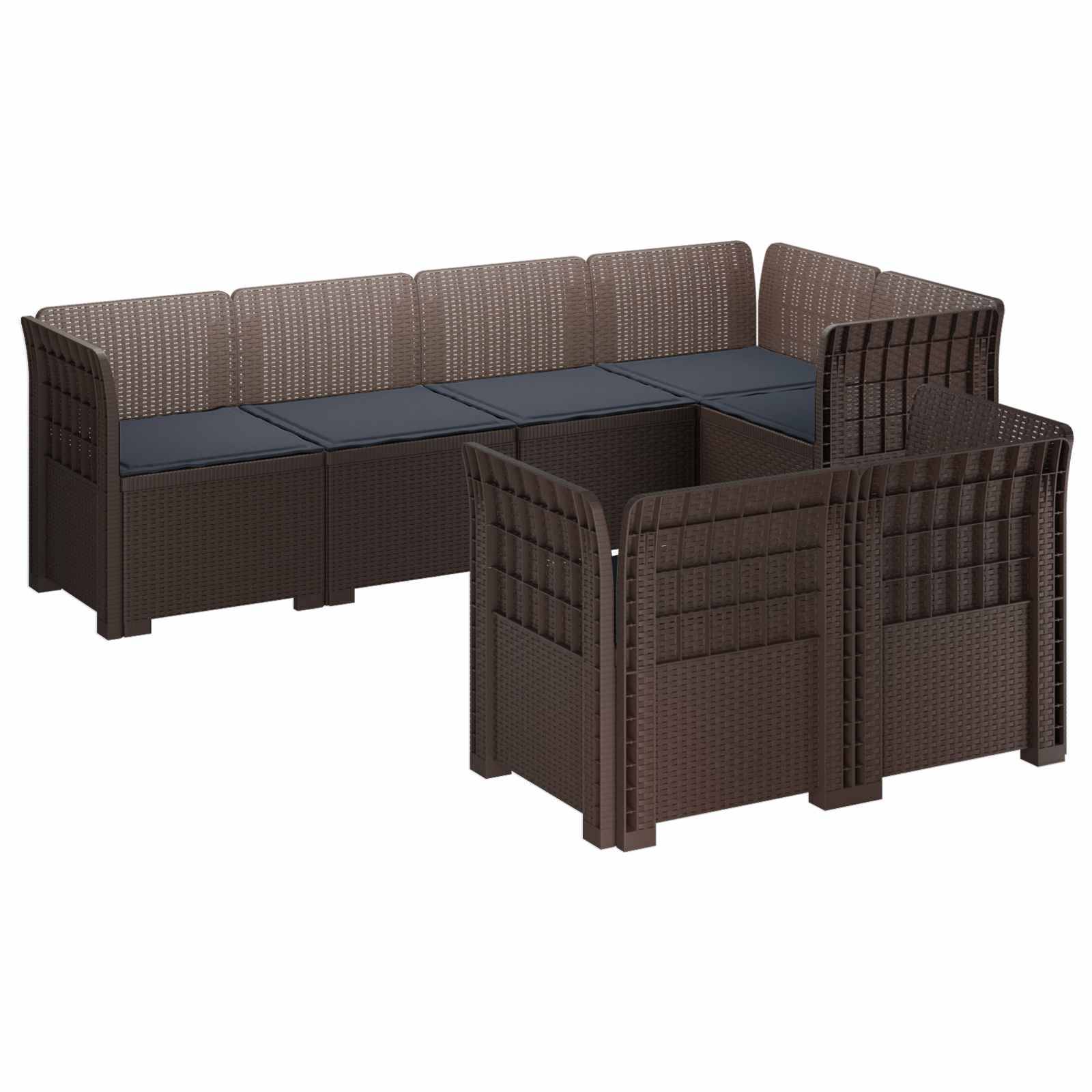 vidaXL 7-Sitzer Gartensofa mit Kissen Rattan-Look PP Braun