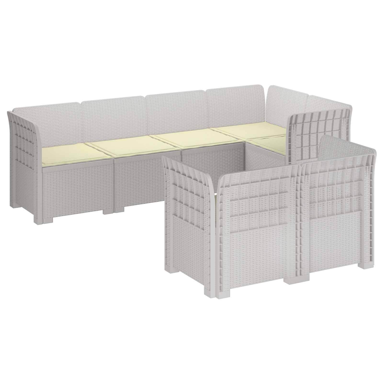 vidaXL 7-Sitzer Gartensofa mit Kissen Rattan-Look PP Weiß
