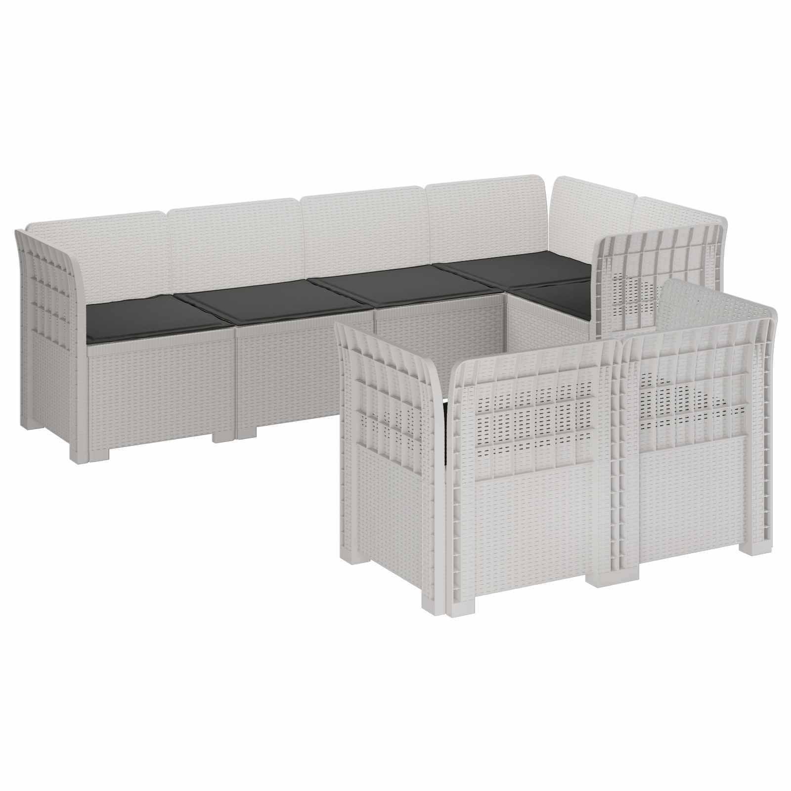 vidaXL 7-Sitzer Gartensofa mit Kissen Rattan-Look PP Weiß