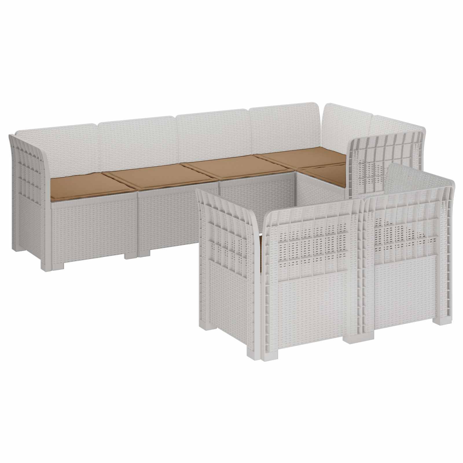 vidaXL 7-Sitzer Gartensofa mit Kissen Rattan-Look PP Weiß