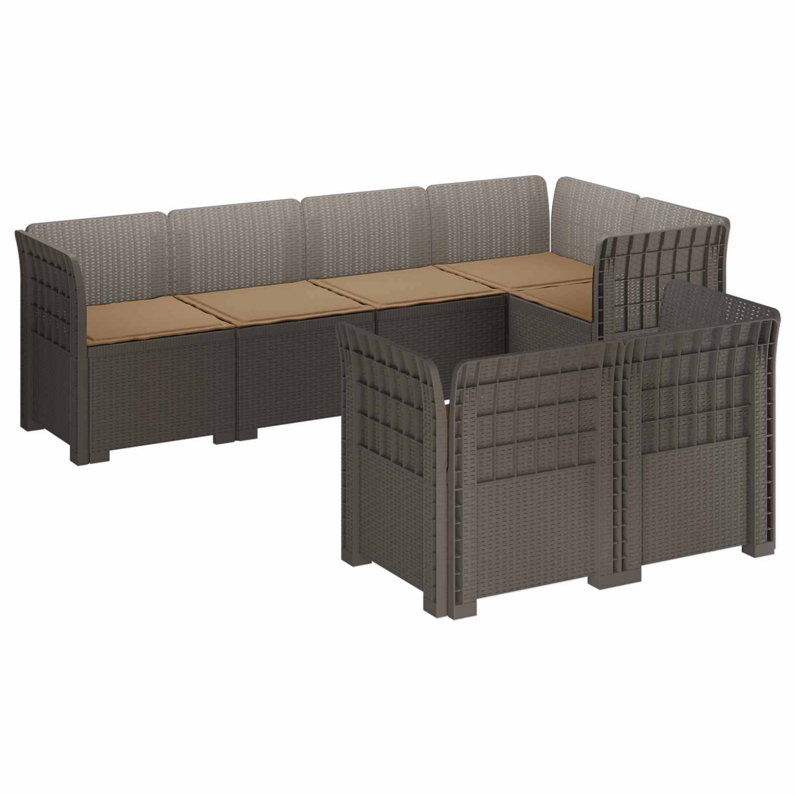 vidaXL 7-Sitzer Gartensofa mit Kissen Rattan-Look PP Hellgrau