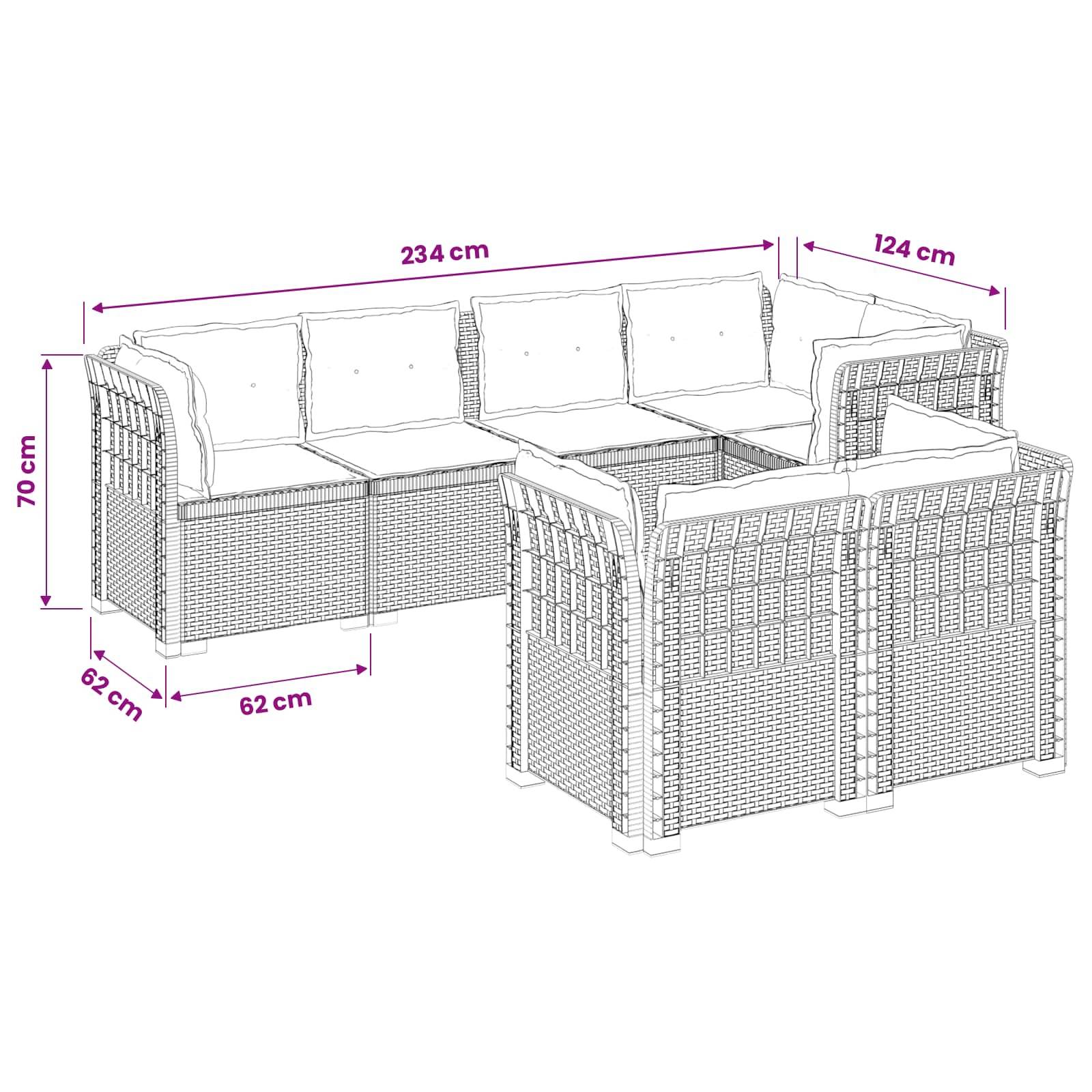 vidaXL 7-Sitzer Gartensofa mit Kissen Rattan-Look PP Hellgrau