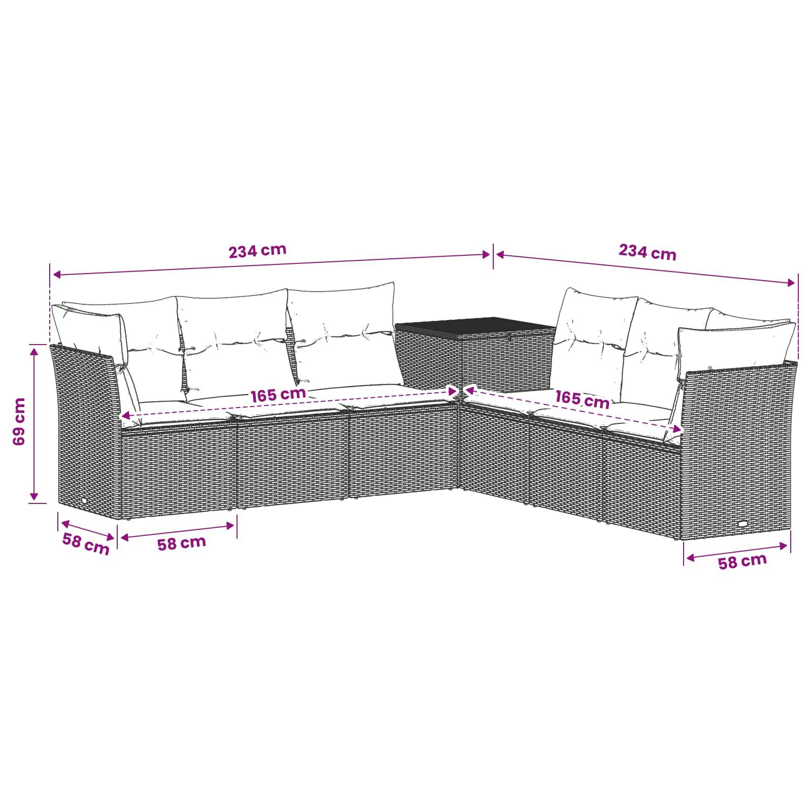 Illustriertes L-förmiges Außen-Ecksofa-Set mit Kissen und Beistelltisch, beschriftete Abmessungen: 234 cm pro Seite, 165 cm Sitzhöhe, 69 cm Höhe, 58 cm Tiefe.