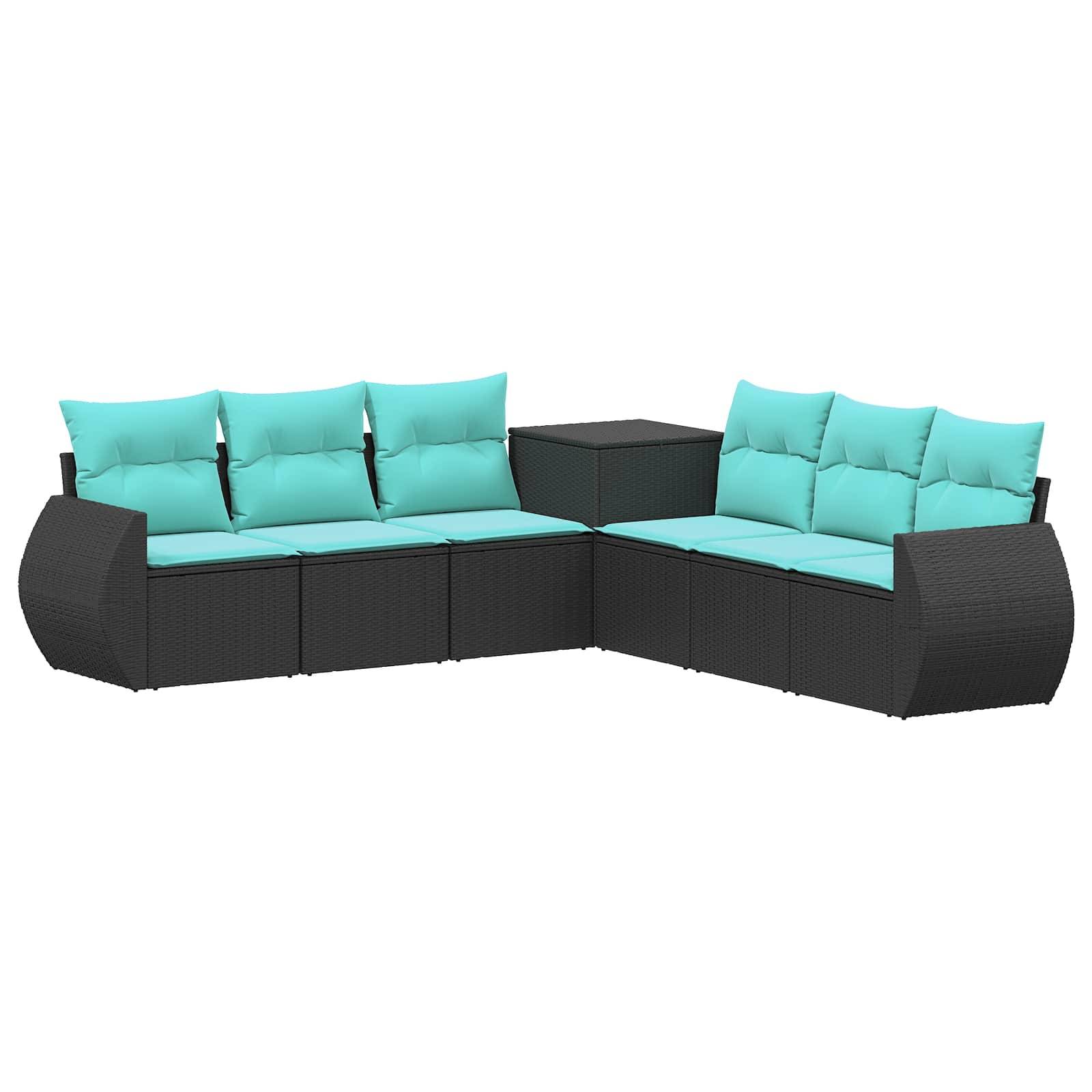 L-förmiges Außen-Lounge-Set mit schwarzen geflochtenen Rahmen, türkisfarbenen Kissen und einem passenden Eckentisch auf weißem Hintergrund.