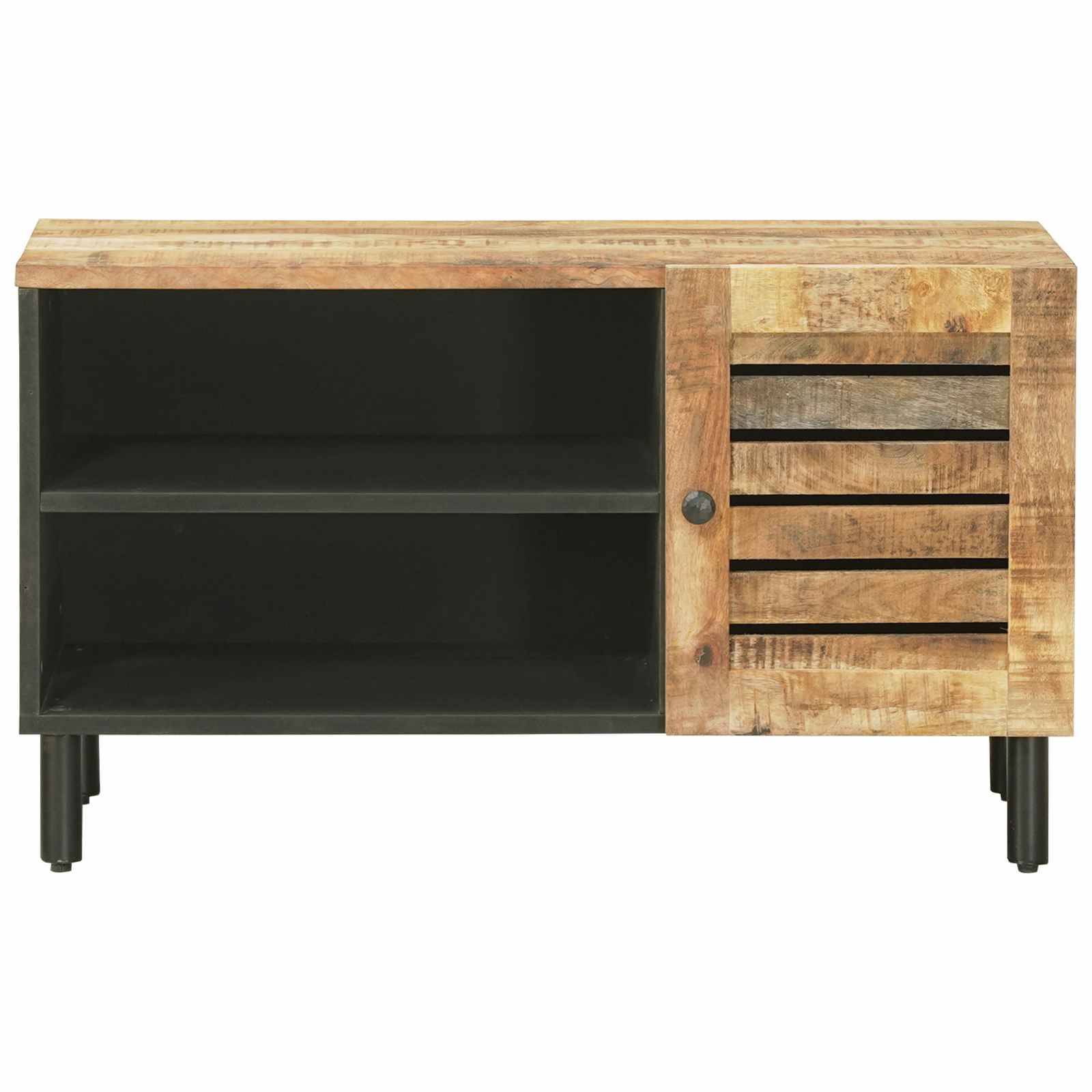 Holzsideboard-Schrank mit offenen linken Regalen, Tür mit Lamellen auf der rechten Seite und schwarzen Beinen auf weißem Hintergrund.