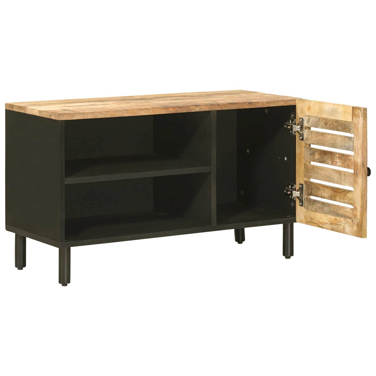 Holzschrank mit schwarzem Metallrahmen und Lamellentor, das offen ist und zwei Regale sowie ein leeres Lagerfach zeigt.